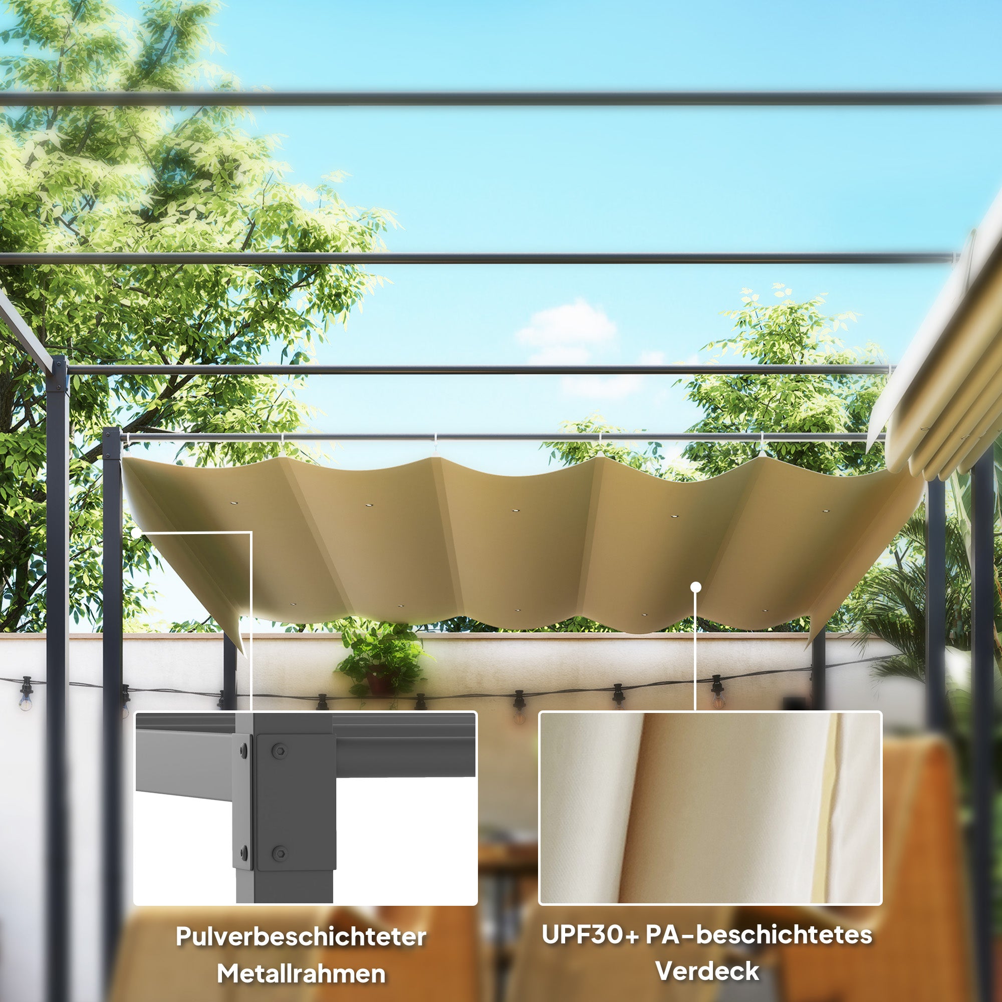 Pergola approx. 3x3m Garden Pavilion with Magnetic Pad Metal Gazebo, Adjustable Roof, Freestanding, UV Protection 30+, for Terrace and Garden, Beige
