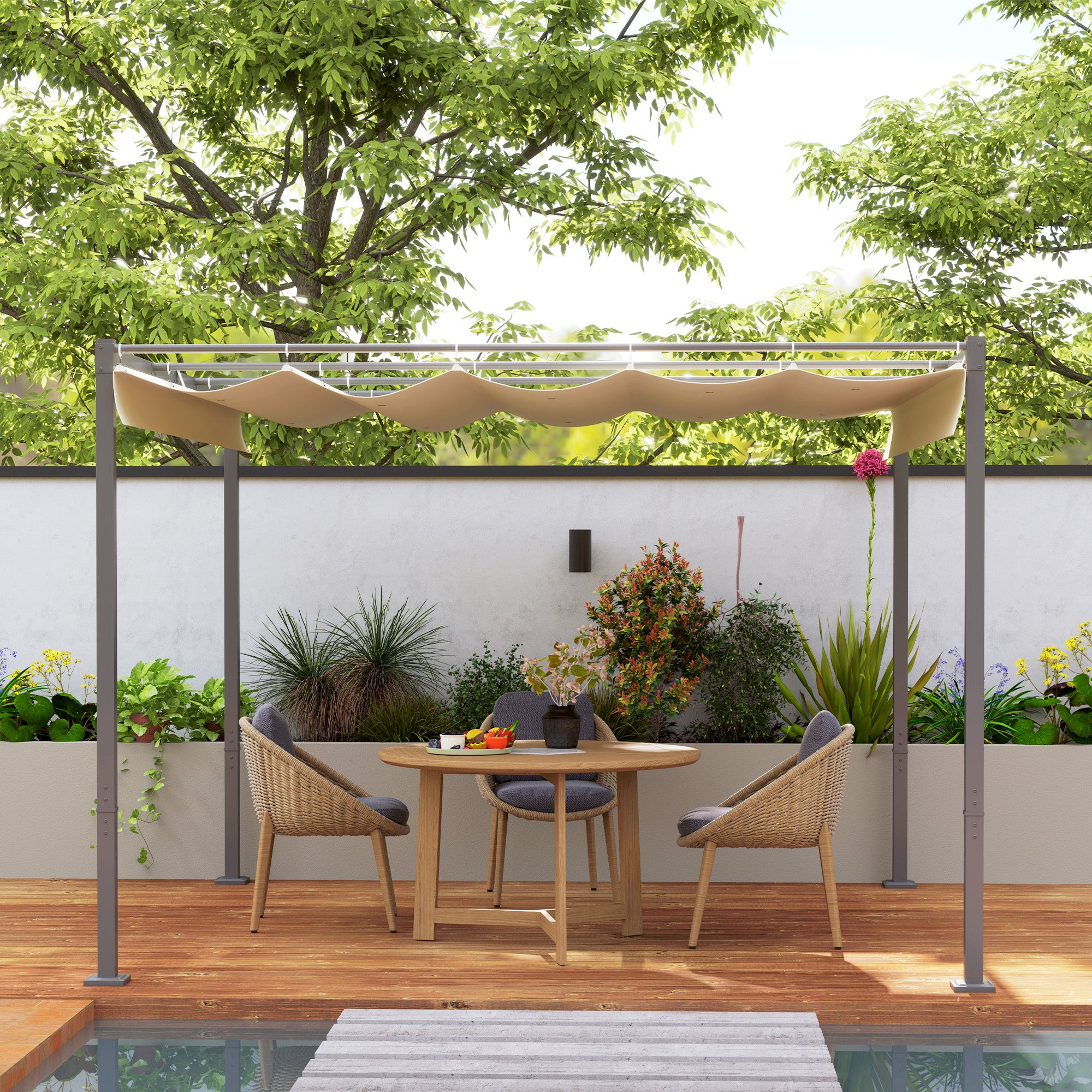 Pergola approx. 3x3m Garden Pavilion with Magnetic Pad Metal Gazebo, Adjustable Roof, Freestanding, UV Protection 30+, for Terrace and Garden, Beige