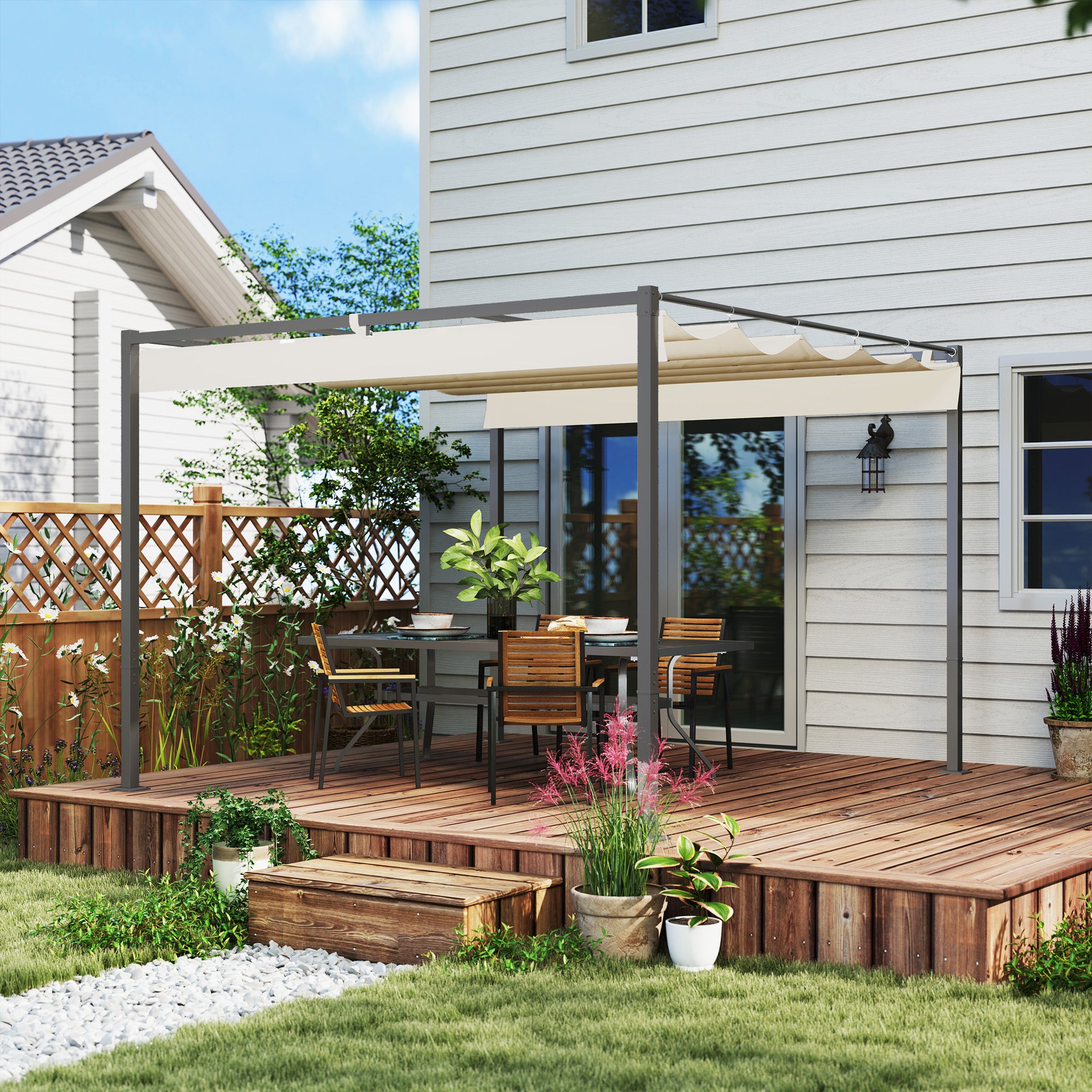 Pergola approx. 3x3m Garden Pavilion with Magnetic Pad Metal Gazebo, Adjustable Roof, Freestanding, UV Protection 30+, for Terrace and Garden, Beige