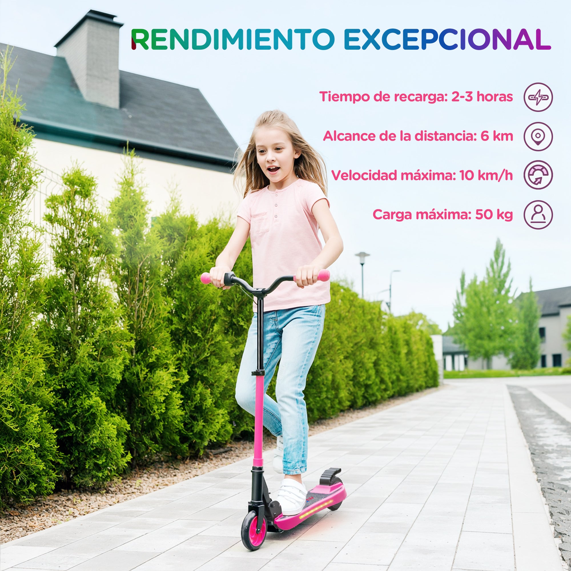 SPORTNOW Folding Electric Scooter MAX 10 KM/H Electric Skateboard for +6 Years 120 W Motor Range 6 KM 5" - 5.5" Wheels Rear Brake Adjustable Height LED Lights and Pink Aluminum Frame