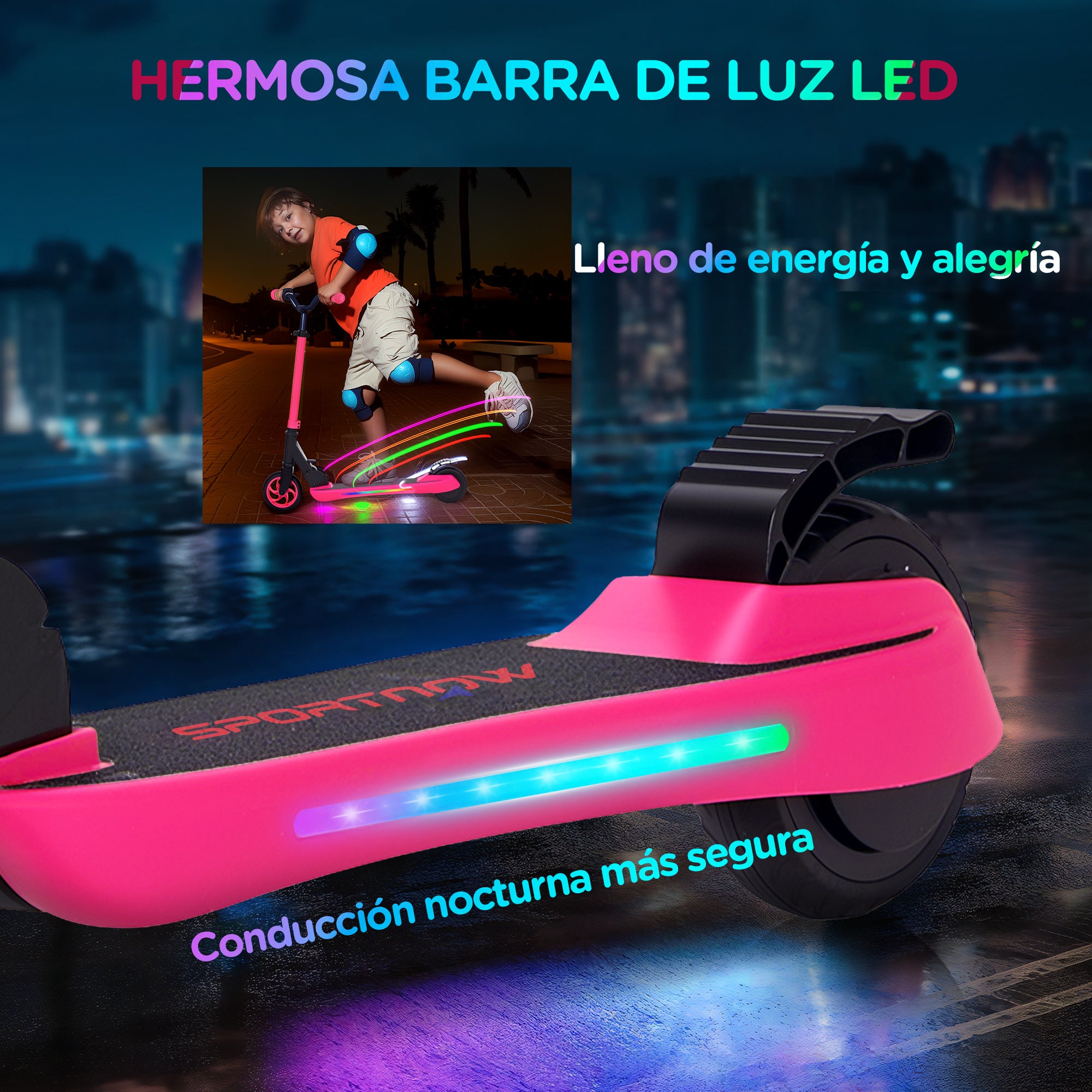SPORTNOW Folding Electric Scooter MAX 10 KM/H Electric Skateboard for +6 Years 120 W Motor Range 6 KM 5" - 5.5" Wheels Rear Brake Adjustable Height LED Lights and Pink Aluminum Frame
