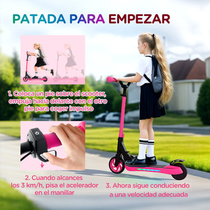 SPORTNOW Folding Electric Scooter MAX 10 KM/H Electric Skateboard for +6 Years 120 W Motor Range 6 KM 5" - 5.5" Wheels Rear Brake Adjustable Height LED Lights and Pink Aluminum Frame