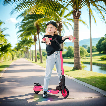 SPORTNOW Folding Electric Scooter MAX 10 KM/H Electric Skateboard for +6 Years 120 W Motor Range 6 KM 5" - 5.5" Wheels Rear Brake Adjustable Height LED Lights and Pink Aluminum Frame