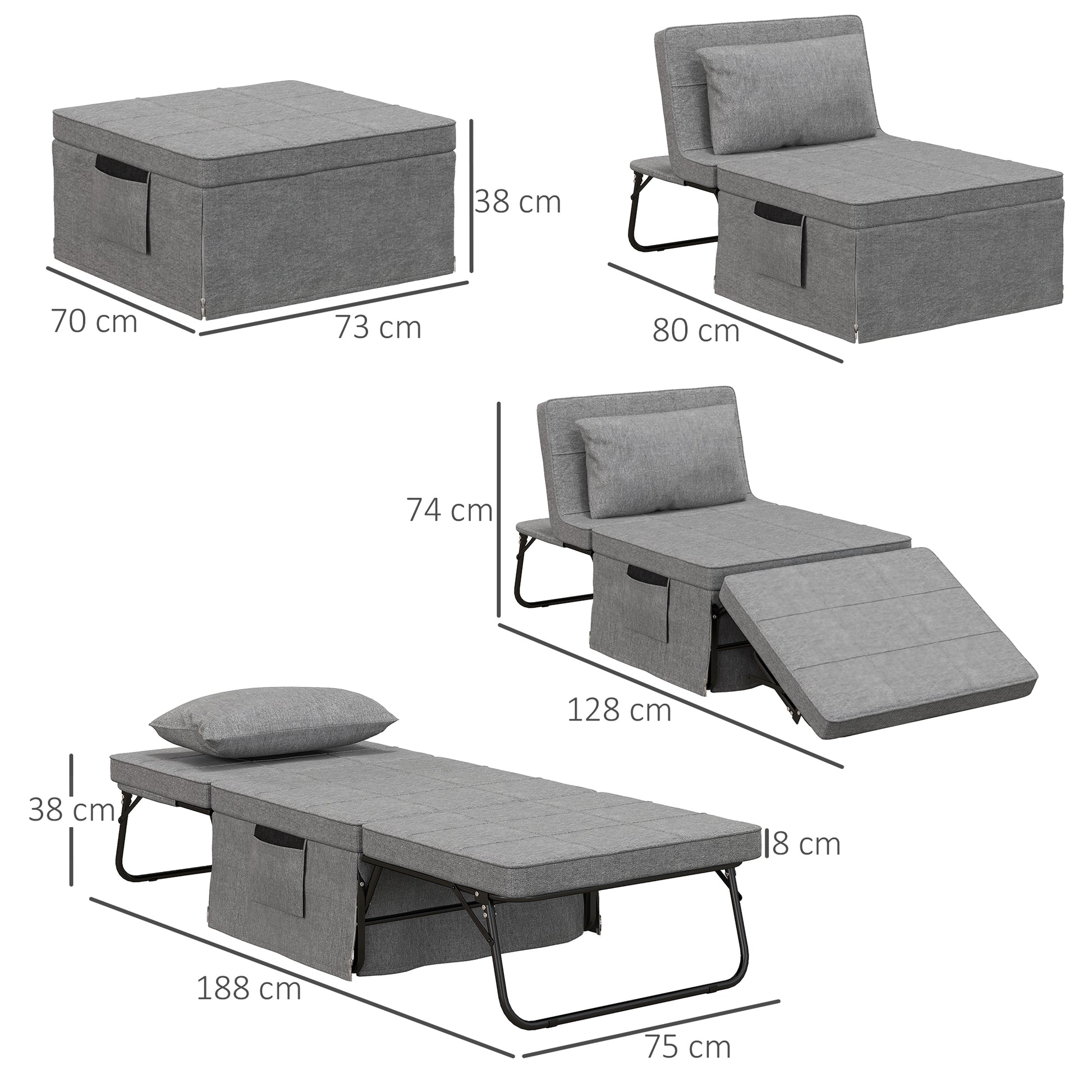 4-in-1 Folding Bed 75x190 cm, Adult Guest Bed Foldable with 8 cm Thickness Foam, Travel Bed with Metal Frame, 5-level adjustable Single Bed with Pillow, up to 150 kg load-bearing capacity