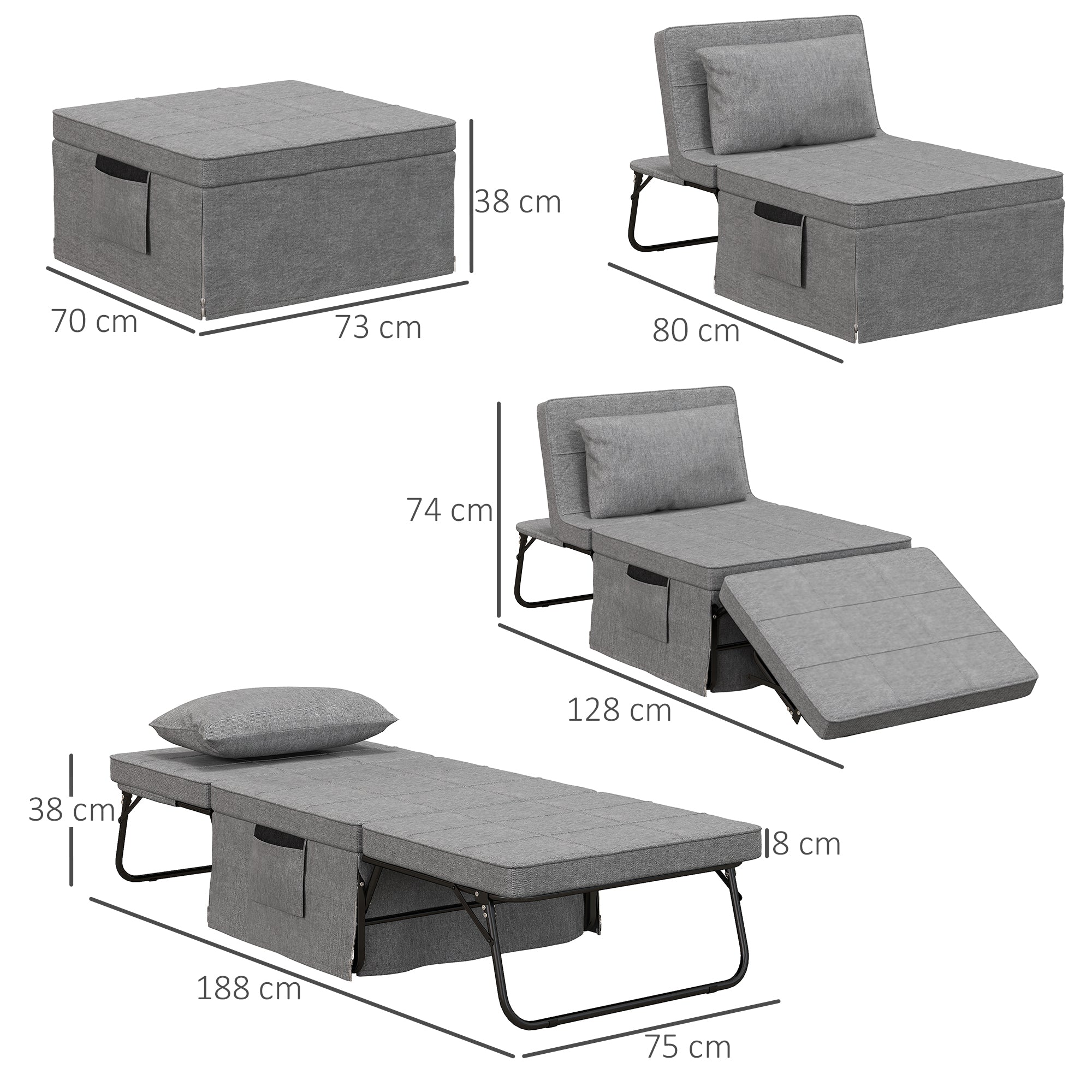 4-in-1 Folding Bed 75x190 cm, Adult Guest Bed Foldable with 8 cm Thickness Foam, Travel Bed with Metal Frame, 5-level adjustable Single Bed with Pillow, up to 150 kg load-bearing capacity