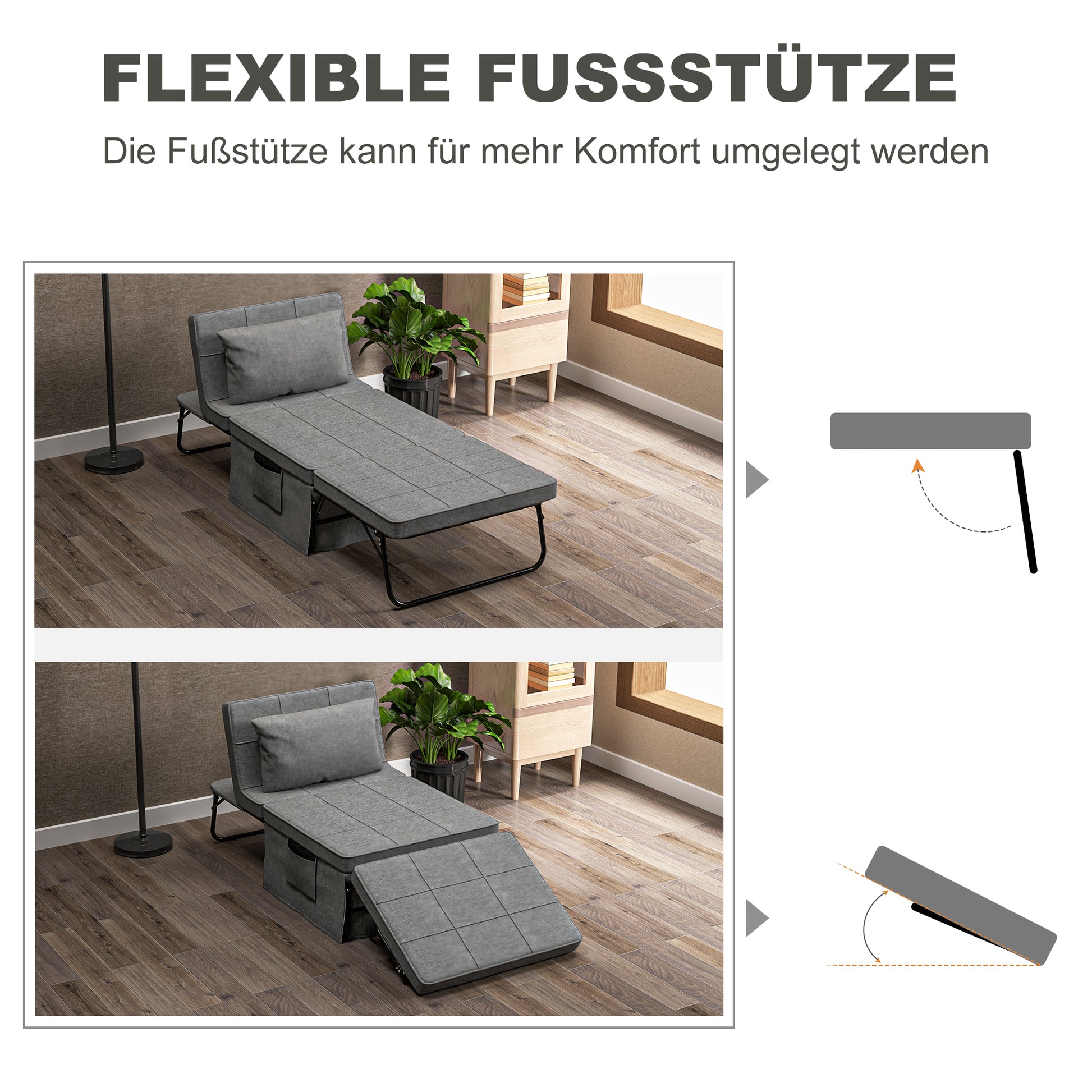 4-in-1 Folding Bed 75x190 cm, Adult Guest Bed Foldable with 8 cm Thickness Foam, Travel Bed with Metal Frame, 5-level adjustable Single Bed with Pillow, up to 150 kg load-bearing capacity