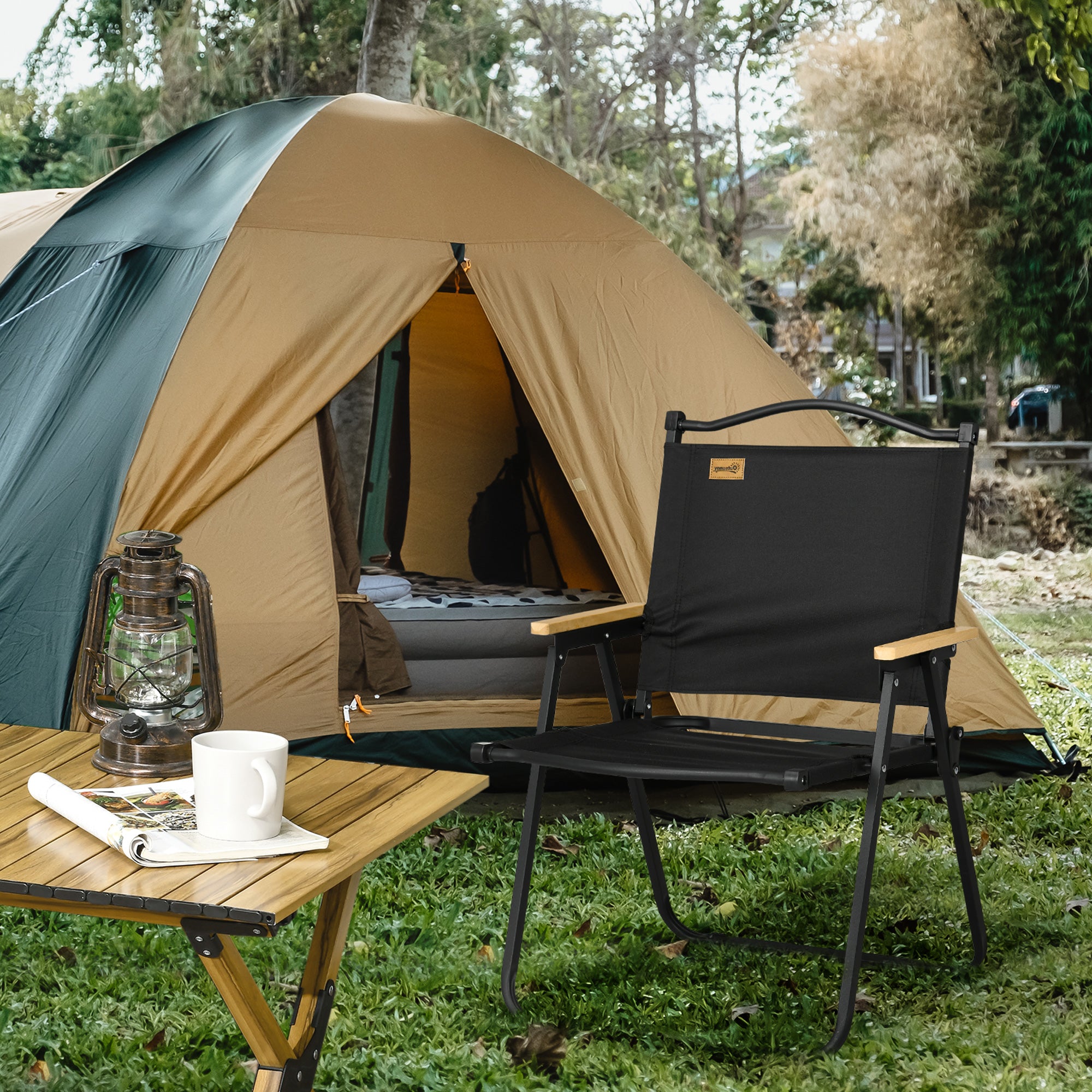 Camping Chair Folding Fishing Chair with Armrests - Oxford Fabric and Steel Frame - 54 x 59 x 78 cm - Black