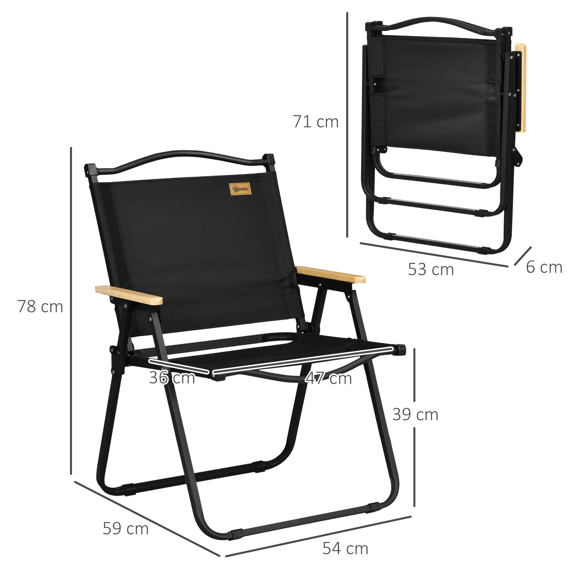 Camping Chair Folding Fishing Chair with Armrests - Oxford Fabric and Steel Frame - 54 x 59 x 78 cm - Black