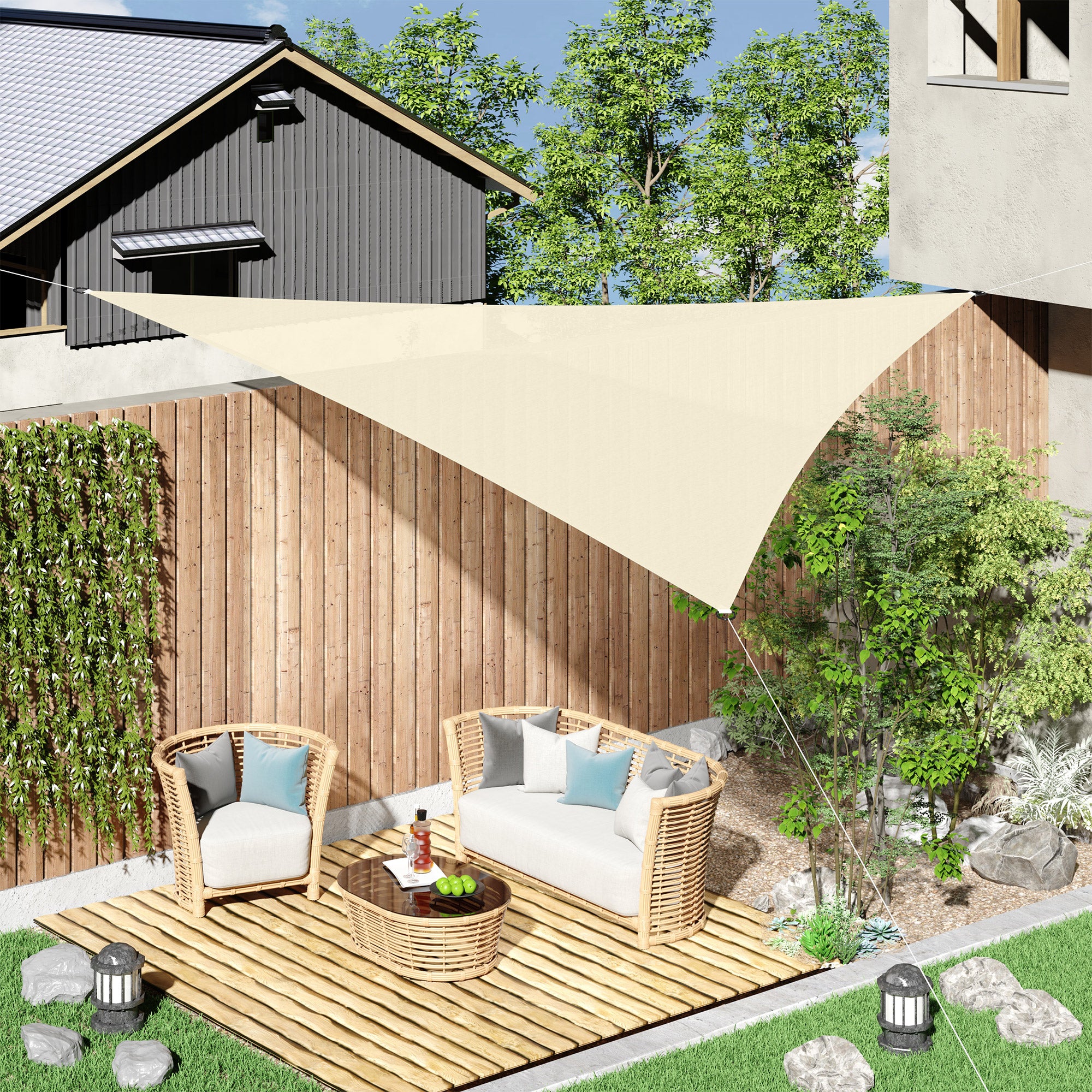 Large Triangular Shade Sail 6 x 6 x 6 m High-Density UV-Resistant Polyethylene Cream Color
