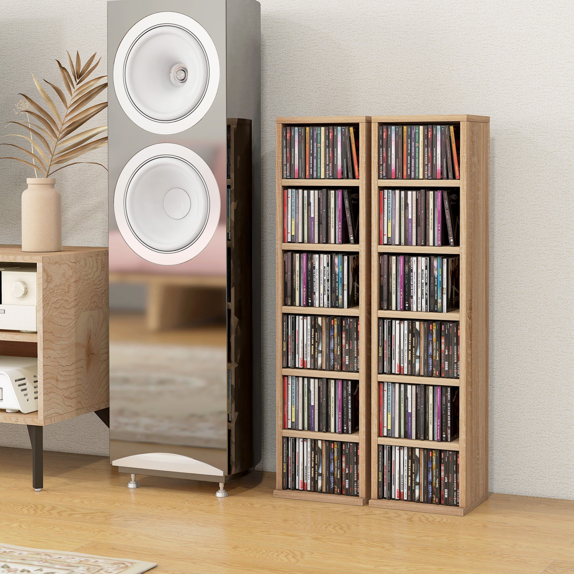 Set of 2 Column Shelves CD-DVD Storage Cabinet 6 + 6 Compartments 21 x 22.5 x 88.5 cm Capacity max. 204 CD Oak