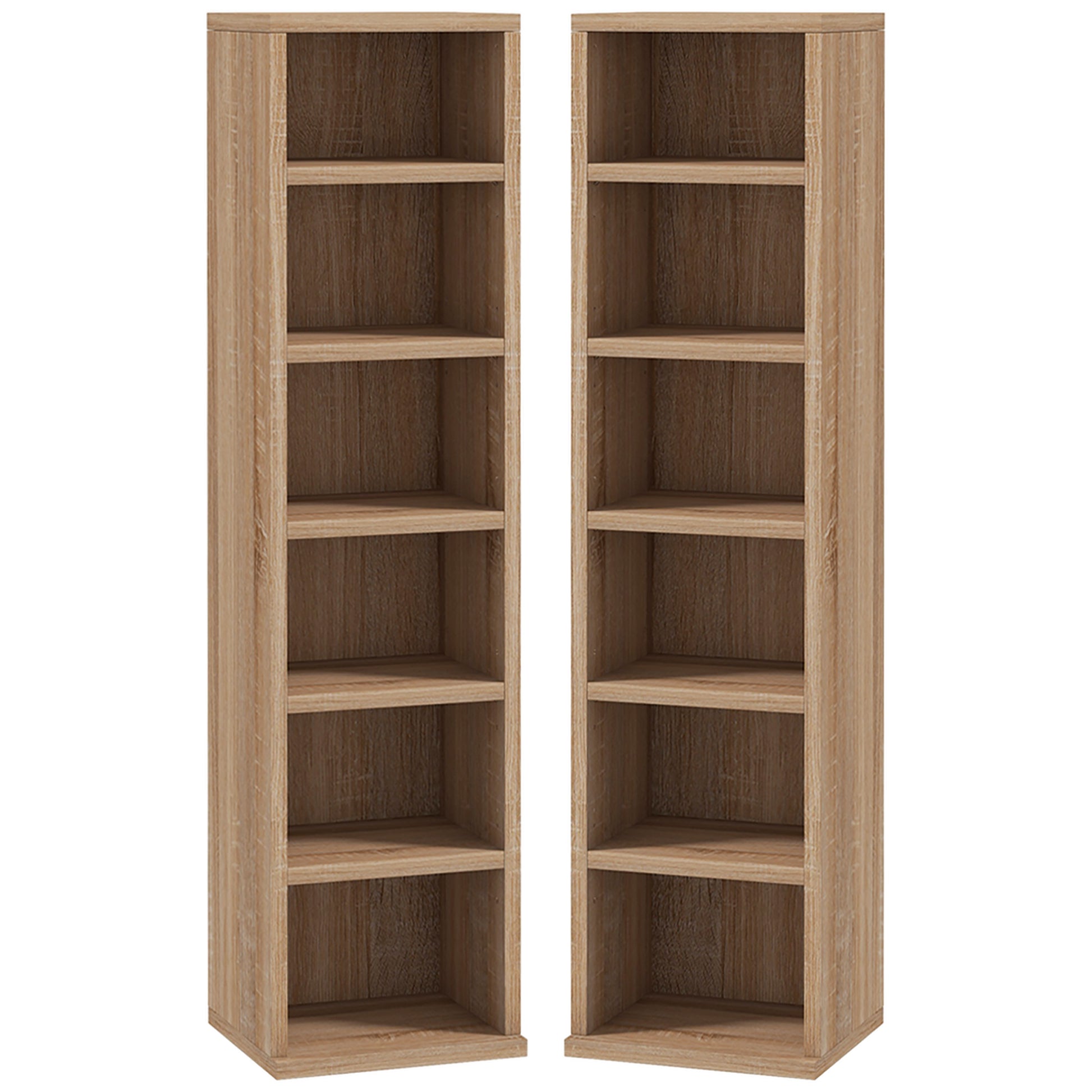 Set of 2 Column Shelves CD-DVD Storage Cabinet 6 + 6 Compartments 21 x 22.5 x 88.5 cm Capacity max. 204 CD Oak