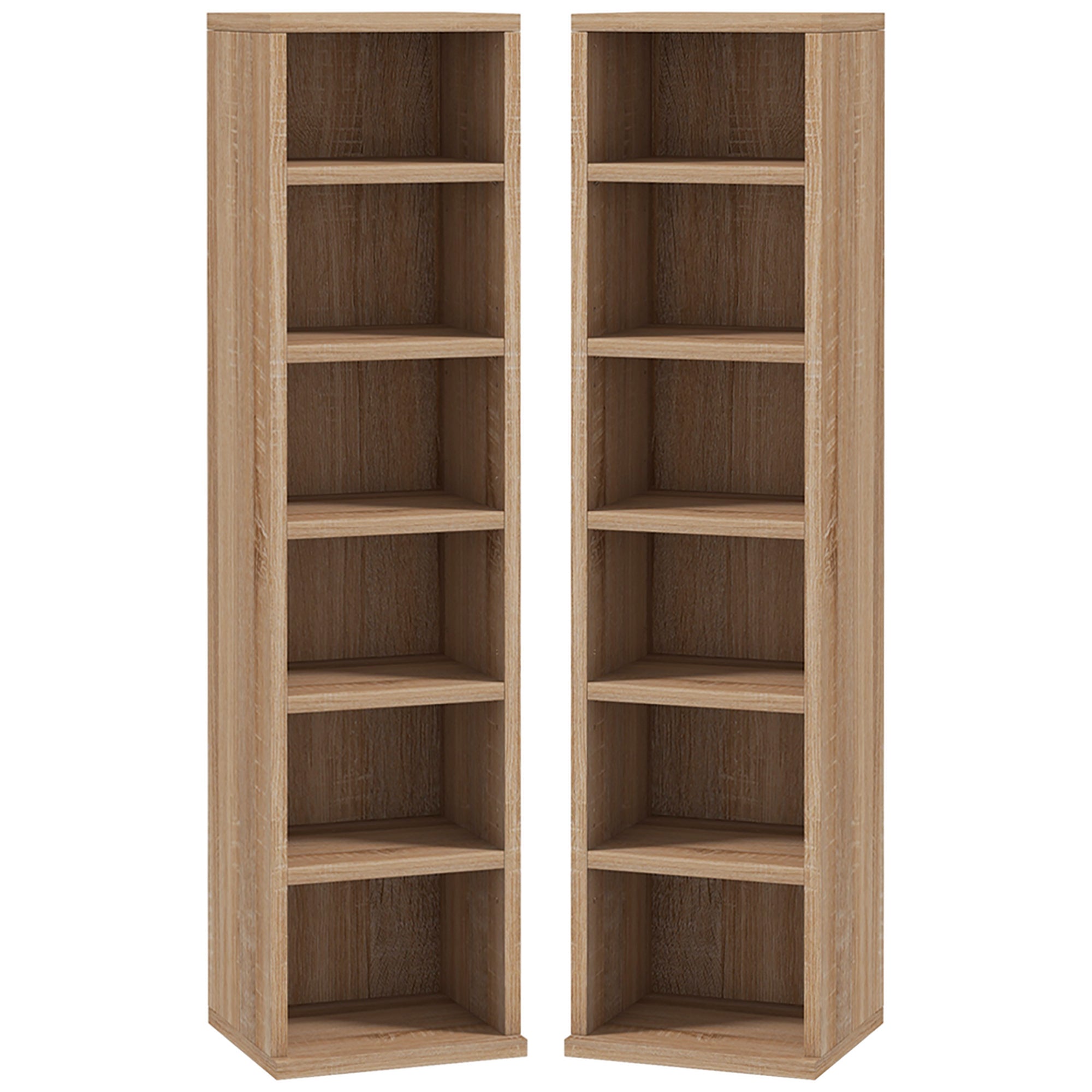 Set of 2 Column Shelves CD-DVD Storage Cabinet 6 + 6 Compartments 21 x 22.5 x 88.5 cm Capacity max. 204 CD Oak