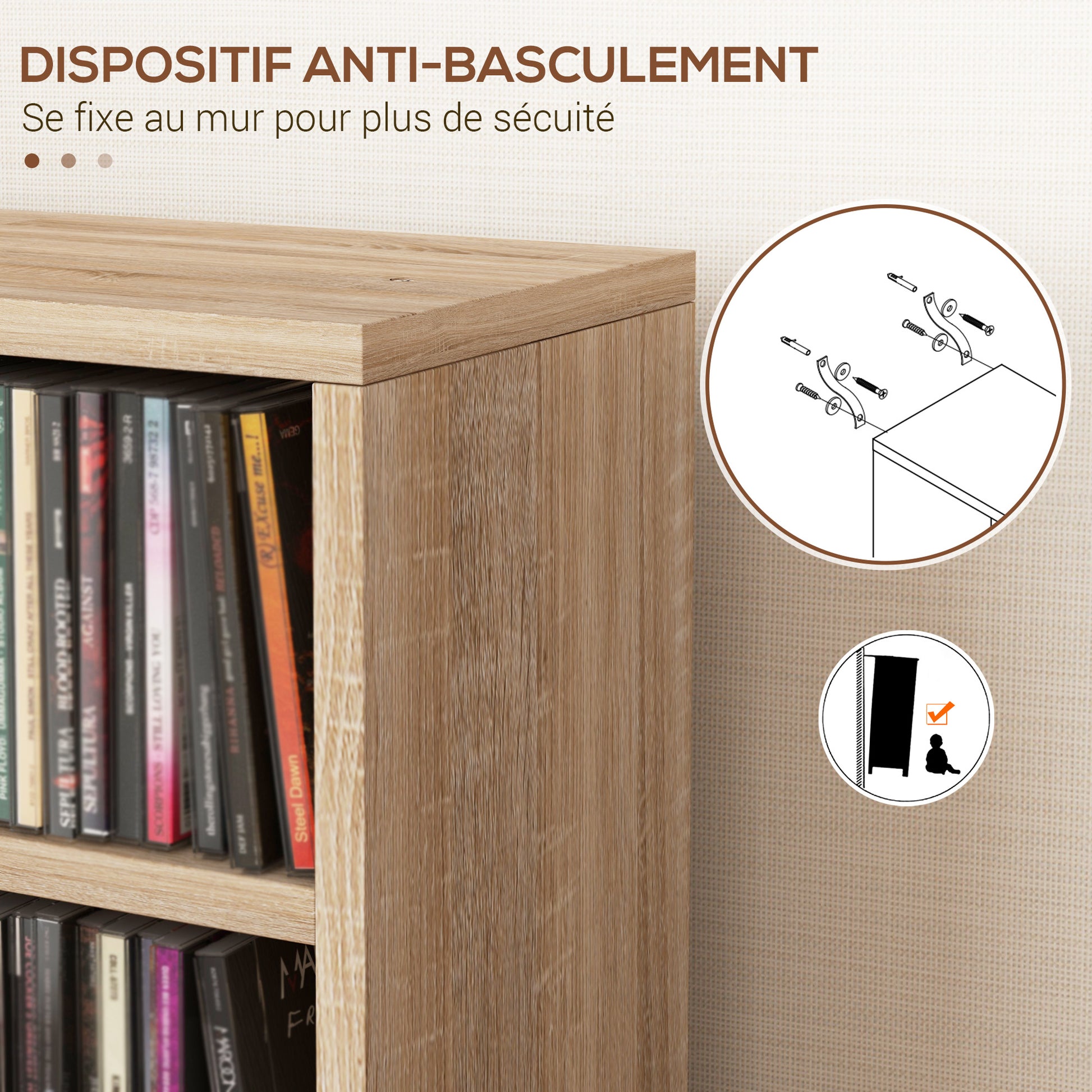 Set of 2 Column Shelves CD-DVD Storage Cabinet 6 + 6 Compartments 21 x 22.5 x 88.5 cm Capacity max. 204 CD Oak