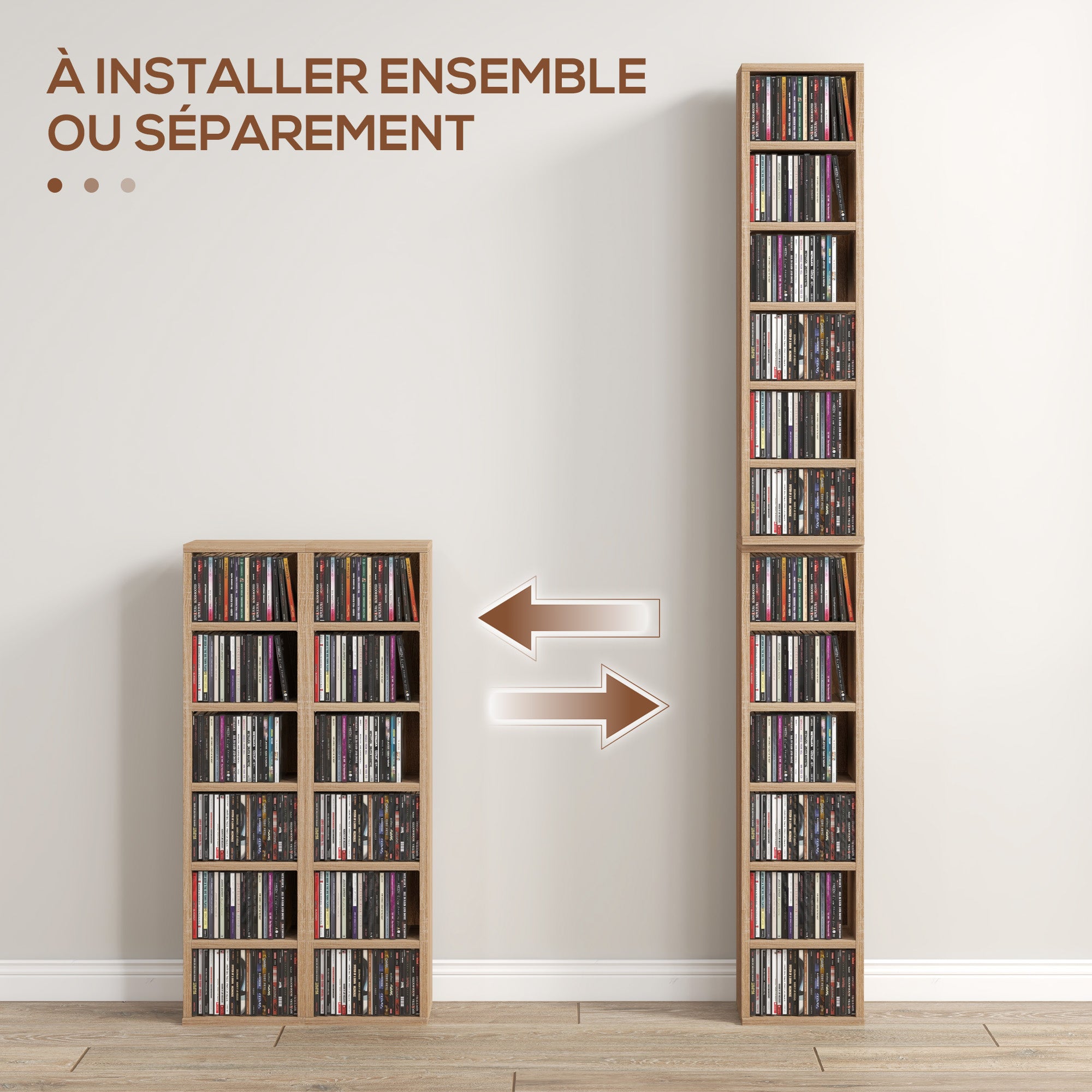 Set of 2 Column Shelves CD-DVD Storage Cabinet 6 + 6 Compartments 21 x 22.5 x 88.5 cm Capacity max. 204 CD Oak