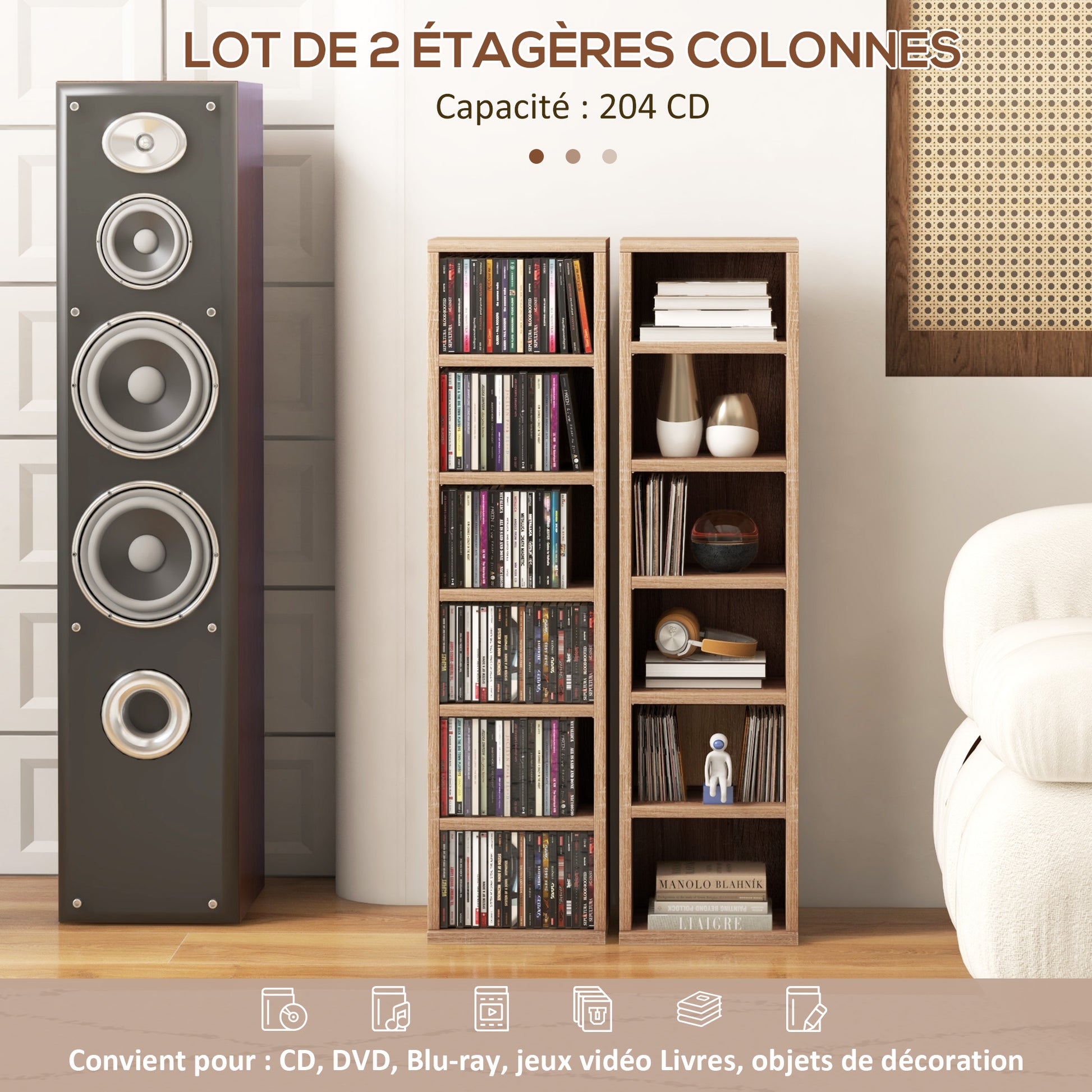 Set of 2 Column Shelves CD-DVD Storage Cabinet 6 + 6 Compartments 21 x 22.5 x 88.5 cm Capacity max. 204 CD Oak