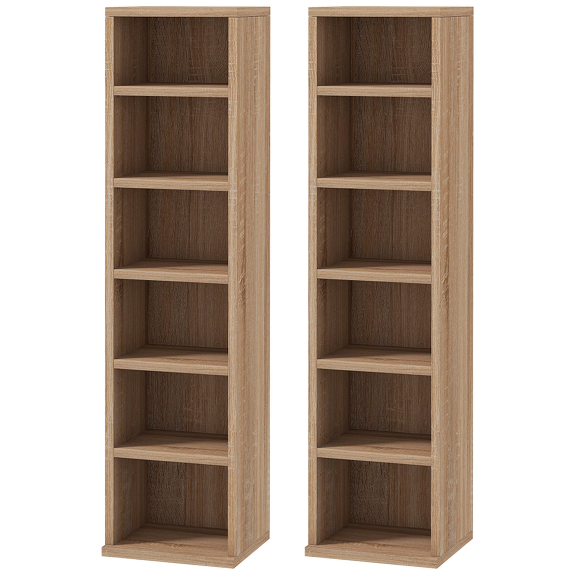 Set of 2 Column Shelves CD-DVD Storage Cabinet 6 + 6 Compartments 21 x 22.5 x 88.5 cm Capacity max. 204 CD Oak