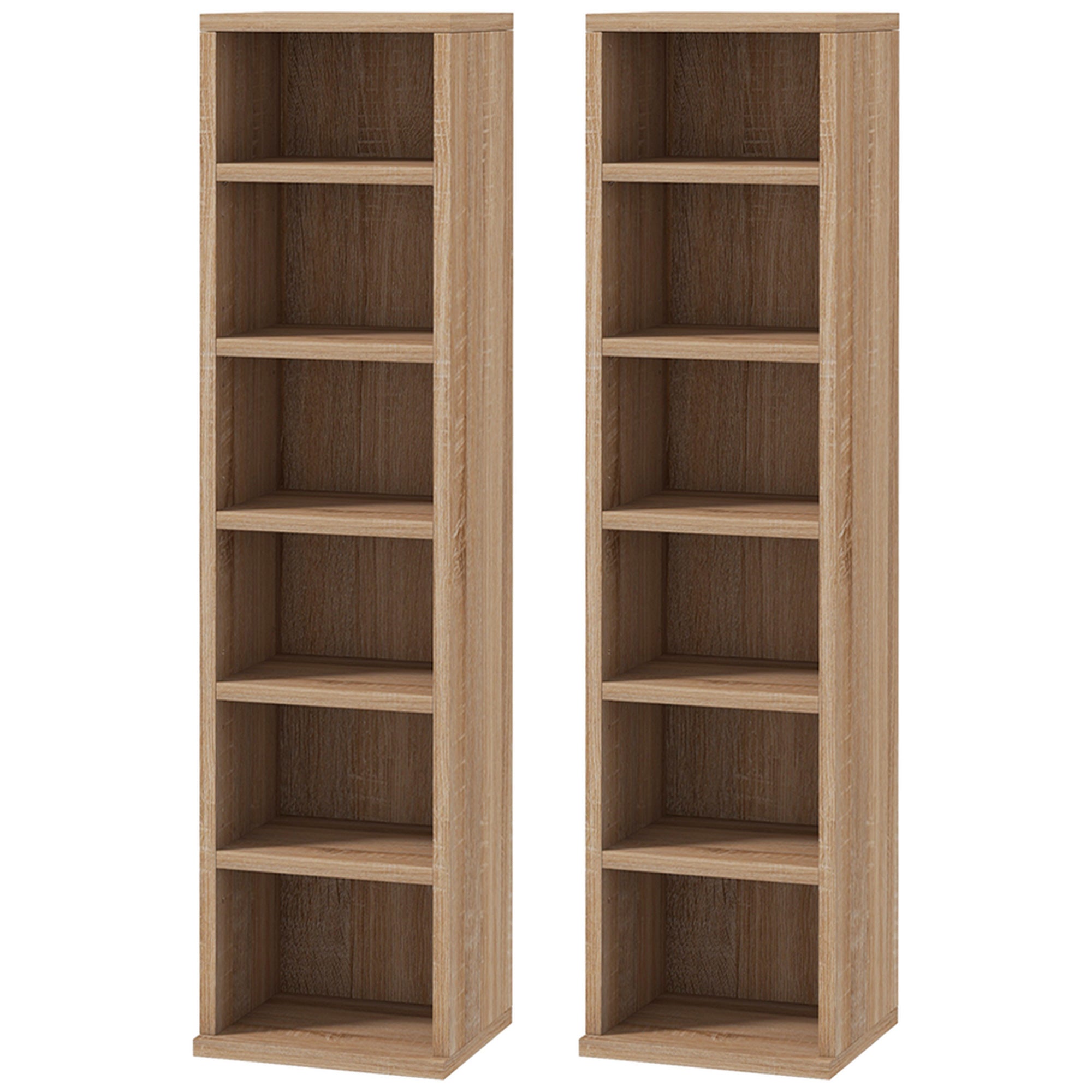 Set of 2 Column Shelves CD-DVD Storage Cabinet 6 + 6 Compartments 21 x 22.5 x 88.5 cm Capacity max. 204 CD Oak