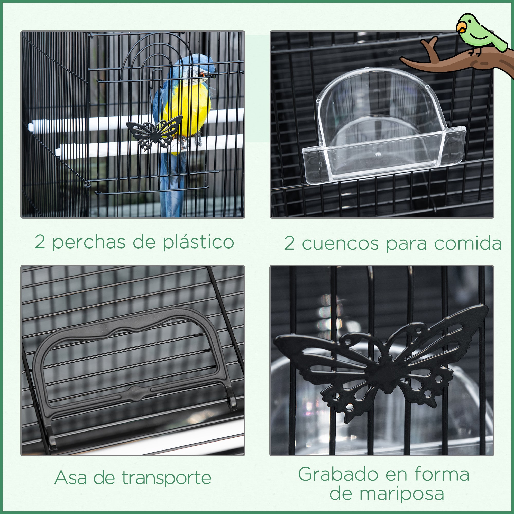 Bird Cage 60x41x41 cm Metal Birdcage with 2 Feeders 2 Perches 3 Doors and Carrying Handle for Small Birds Canaries Parrots Black
