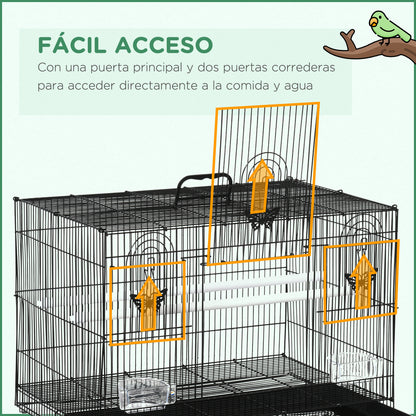 Bird Cage 60x41x41 cm Metal Birdcage with 2 Feeders 2 Perches 3 Doors and Carrying Handle for Small Birds Canaries Parrots Black