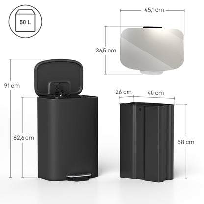 50L (13.2 gal) Kitchen Step Trash Can with Stay-Open Function, Soft-Close Lid, Foot Pedal – Stainless Steel, Black, 17.8 x 14.4 x 24.6 in (45.1 x 36.5 x 62.6 cm)