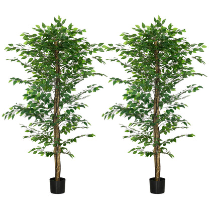 Set of 2 artificial plants artificial trees ficus height 1.80m trunk branches vine lichen leaves highly realistic pot included, indoor, green