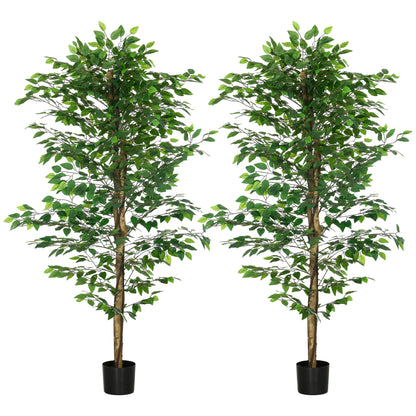 Set of 2 artificial plants artificial trees ficus height 1.80m trunk branches vine lichen leaves highly realistic pot included, indoor, green