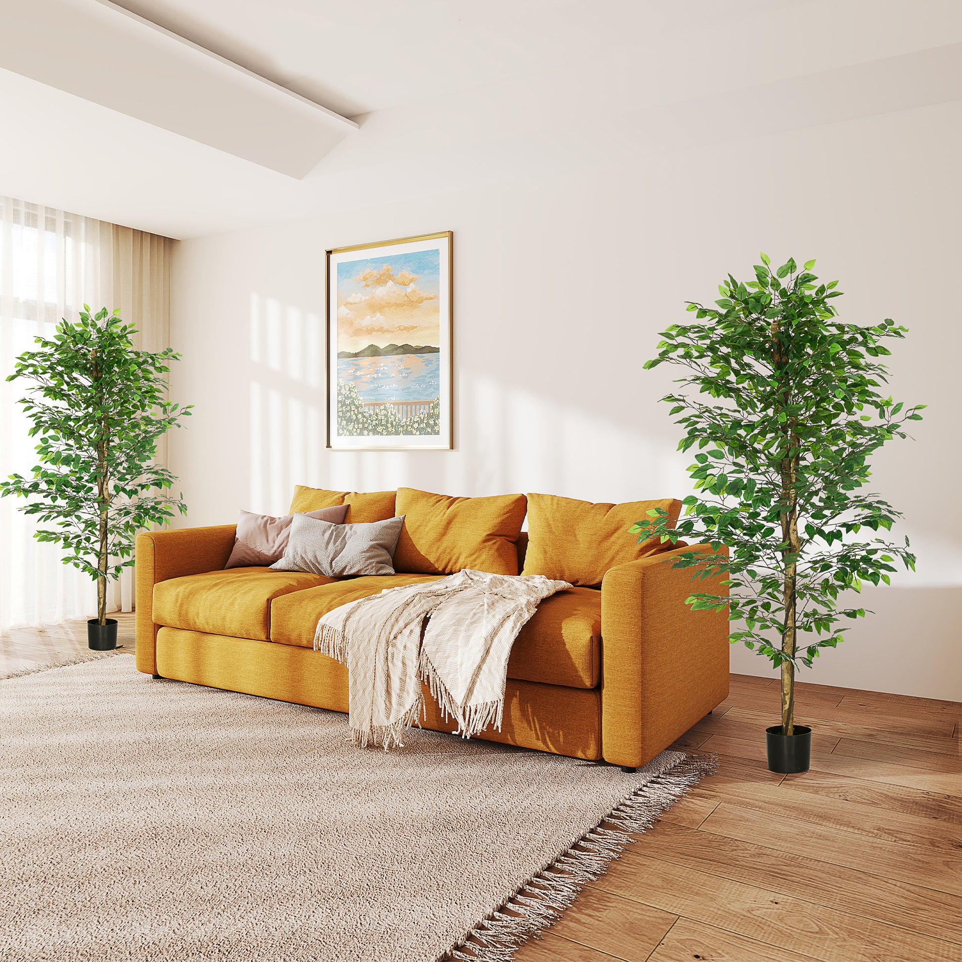 Set of 2 artificial plants artificial trees ficus height 1.80m trunk branches vine lichen leaves highly realistic pot included, indoor, green