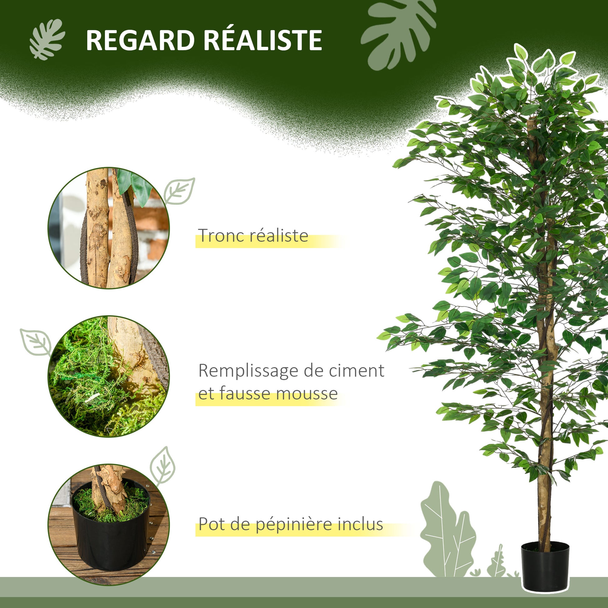 Set of 2 artificial plants artificial trees ficus height 1.80m trunk branches vine lichen leaves highly realistic pot included, indoor, green