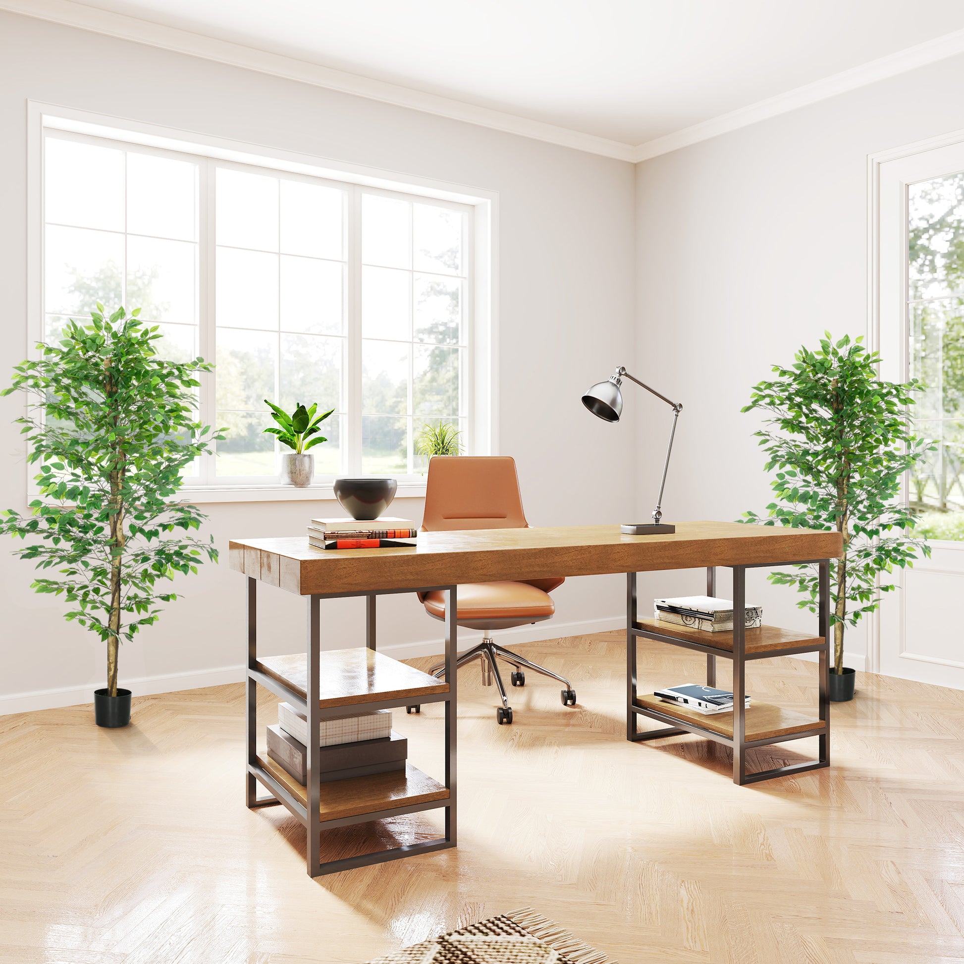 Set of 2 artificial plants artificial trees ficus height 1.80m trunk branches vine lichen leaves highly realistic pot included, indoor, green