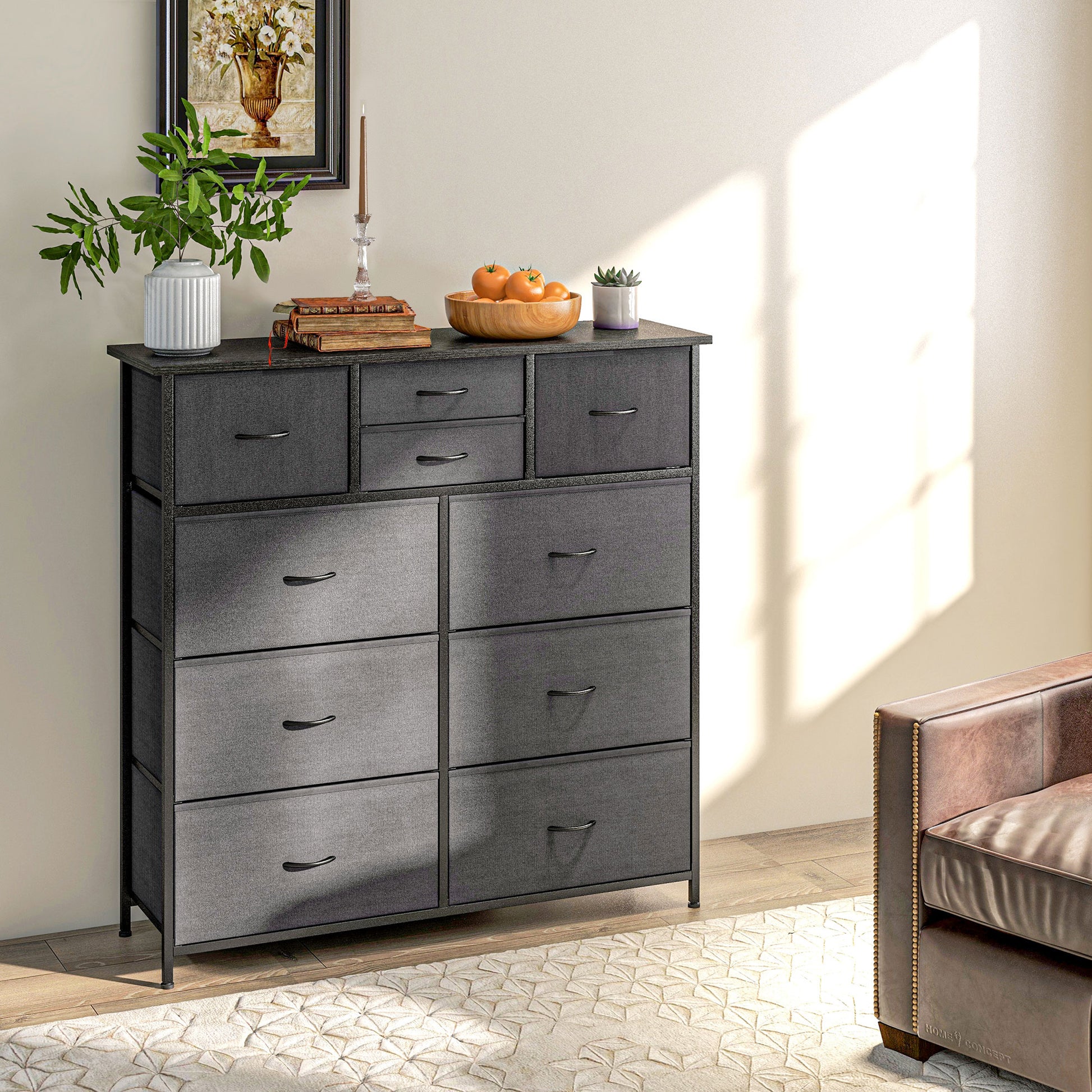 Dresser, Storage Cabinet with 10 Foldable Fabric Drawers, Sideboard in Modern Style for Living Room, Bedroom, Steel, Black