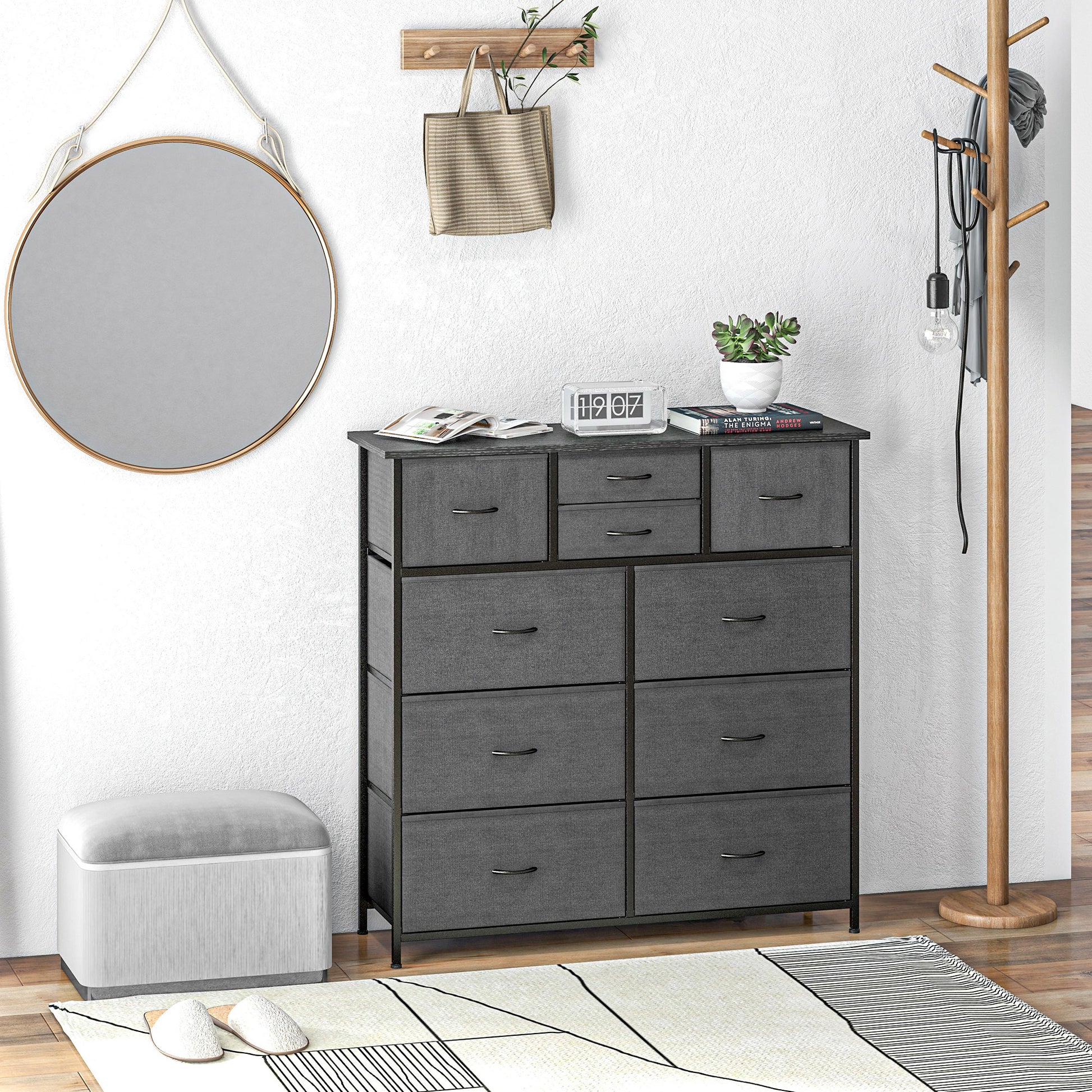 Dresser, Storage Cabinet with 10 Foldable Fabric Drawers, Sideboard in Modern Style for Living Room, Bedroom, Steel, Black