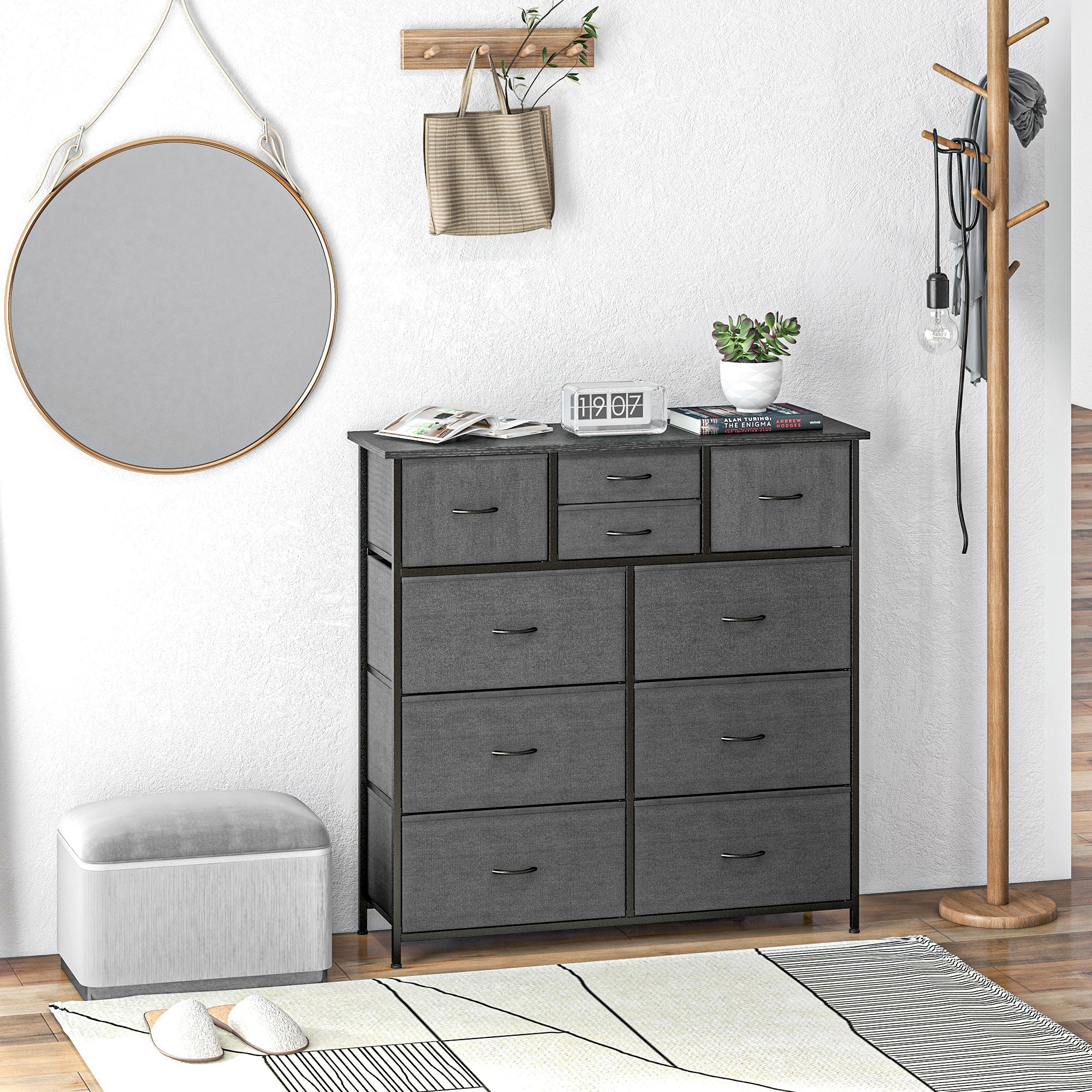 Dresser, Storage Cabinet with 10 Foldable Fabric Drawers, Sideboard in Modern Style for Living Room, Bedroom, Steel, Black
