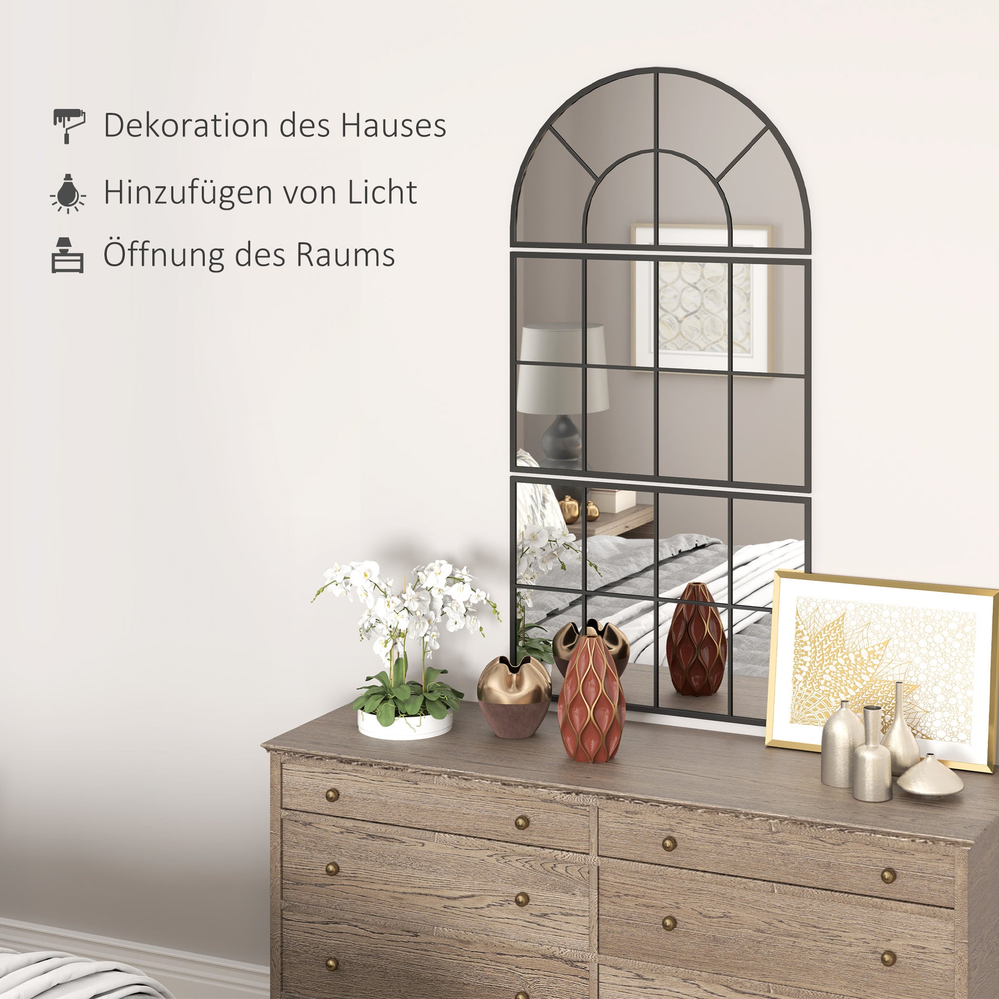 Three-Piece Wall Mirror, Arched Mirror with Metal Frame, Decorative Window Mirrors, Hanging Mirror for Bathroom Living Room Black