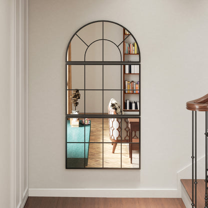 Three-Piece Wall Mirror, Arched Mirror with Metal Frame, Decorative Window Mirrors, Hanging Mirror for Bathroom Living Room Black