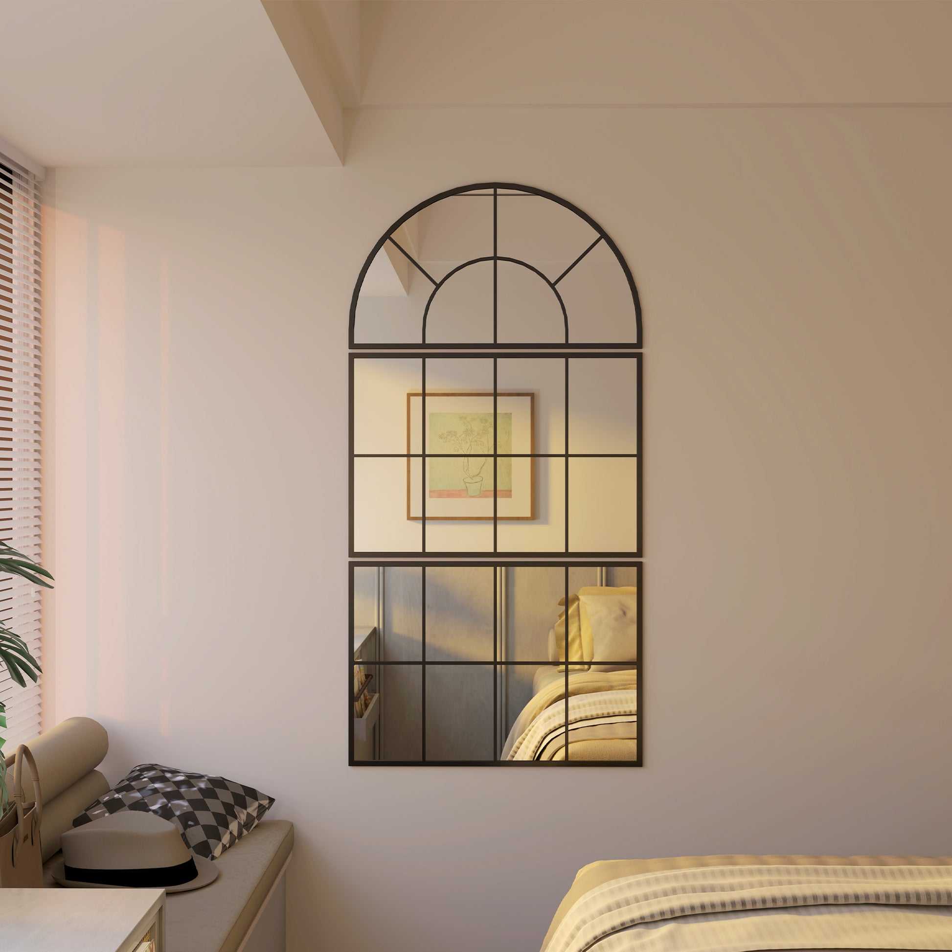 Three-Piece Wall Mirror, Arched Mirror with Metal Frame, Decorative Window Mirrors, Hanging Mirror for Bathroom Living Room Black