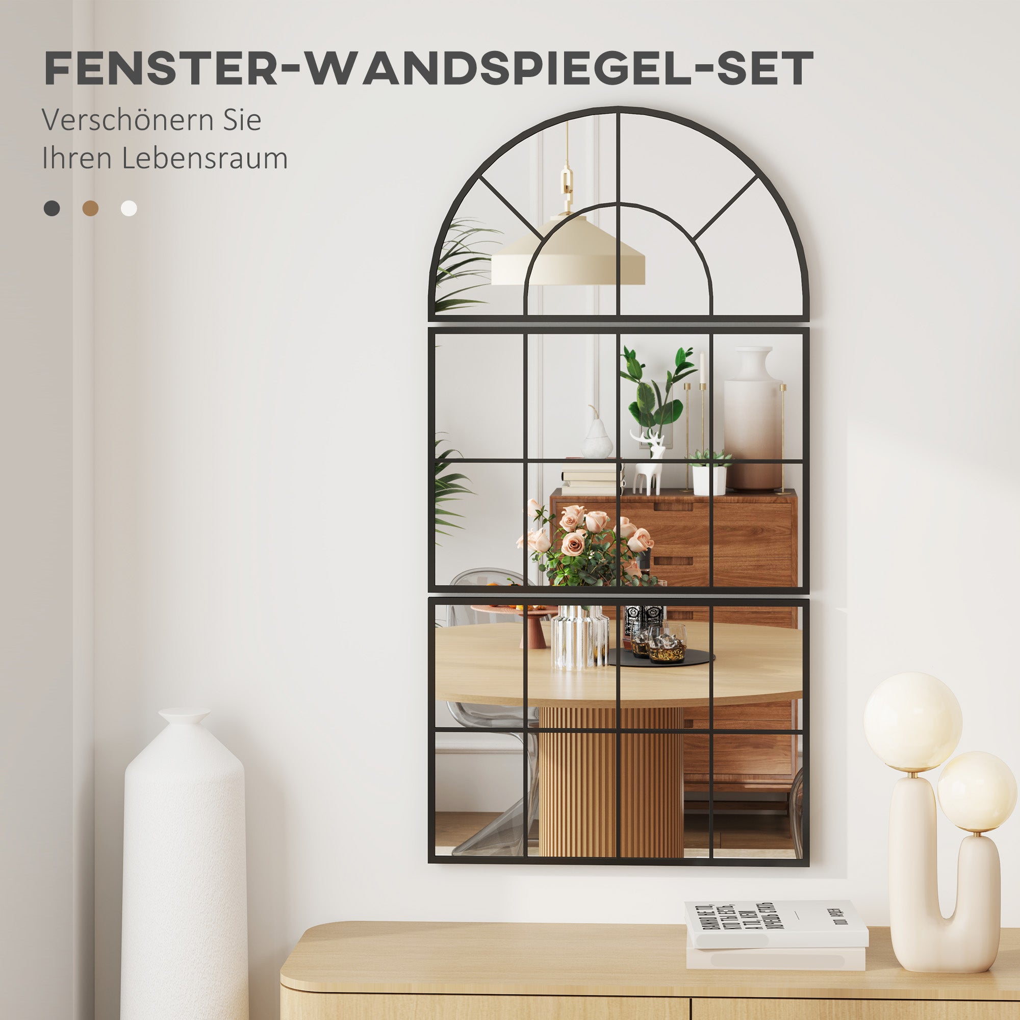 Three-Piece Wall Mirror, Arched Mirror with Metal Frame, Decorative Window Mirrors, Hanging Mirror for Bathroom Living Room Black