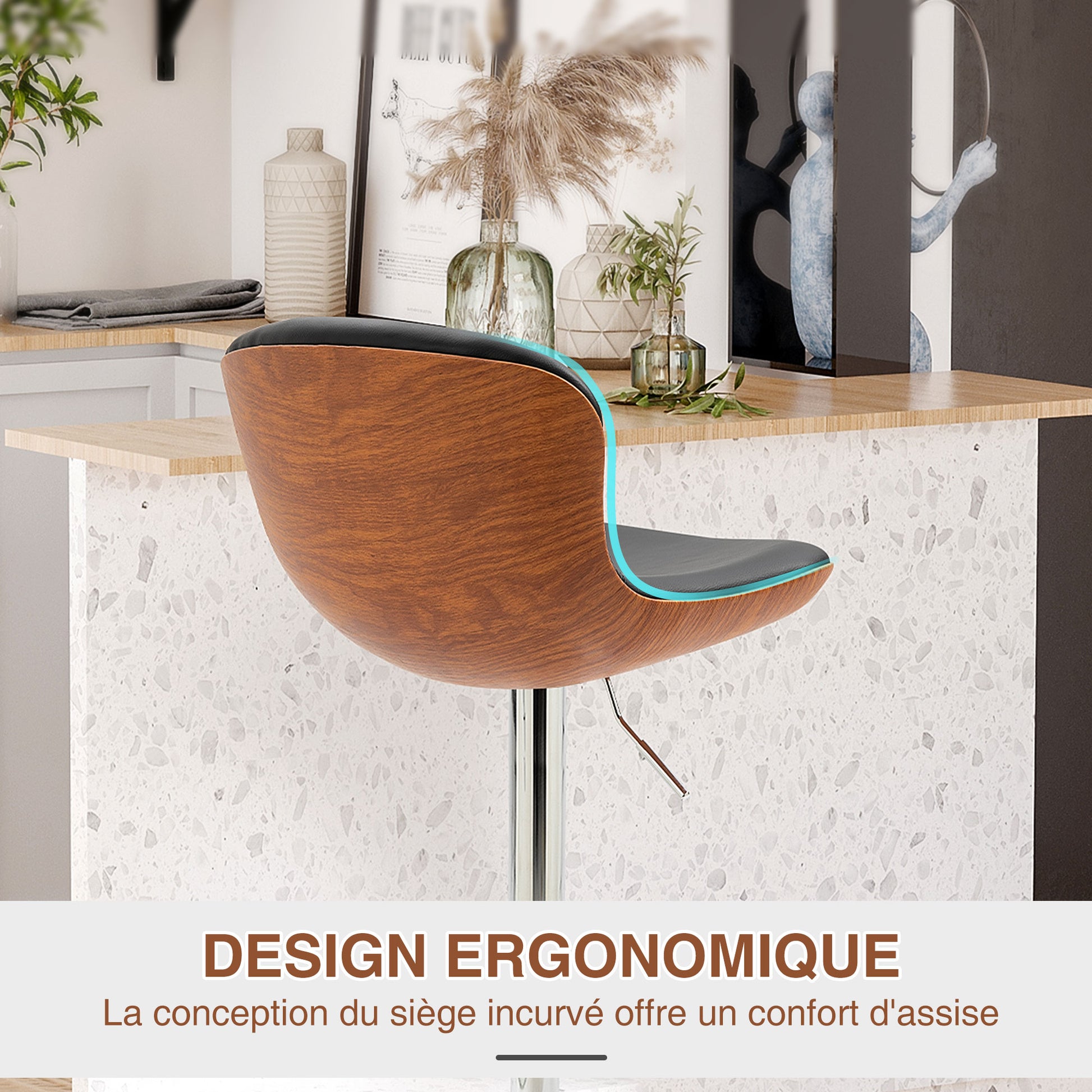 Set of 2 Contemporary Design Bar Stools Height Adjustable 64-85 cm Swivel 360° Synthetic Leather Black Imitation Wood