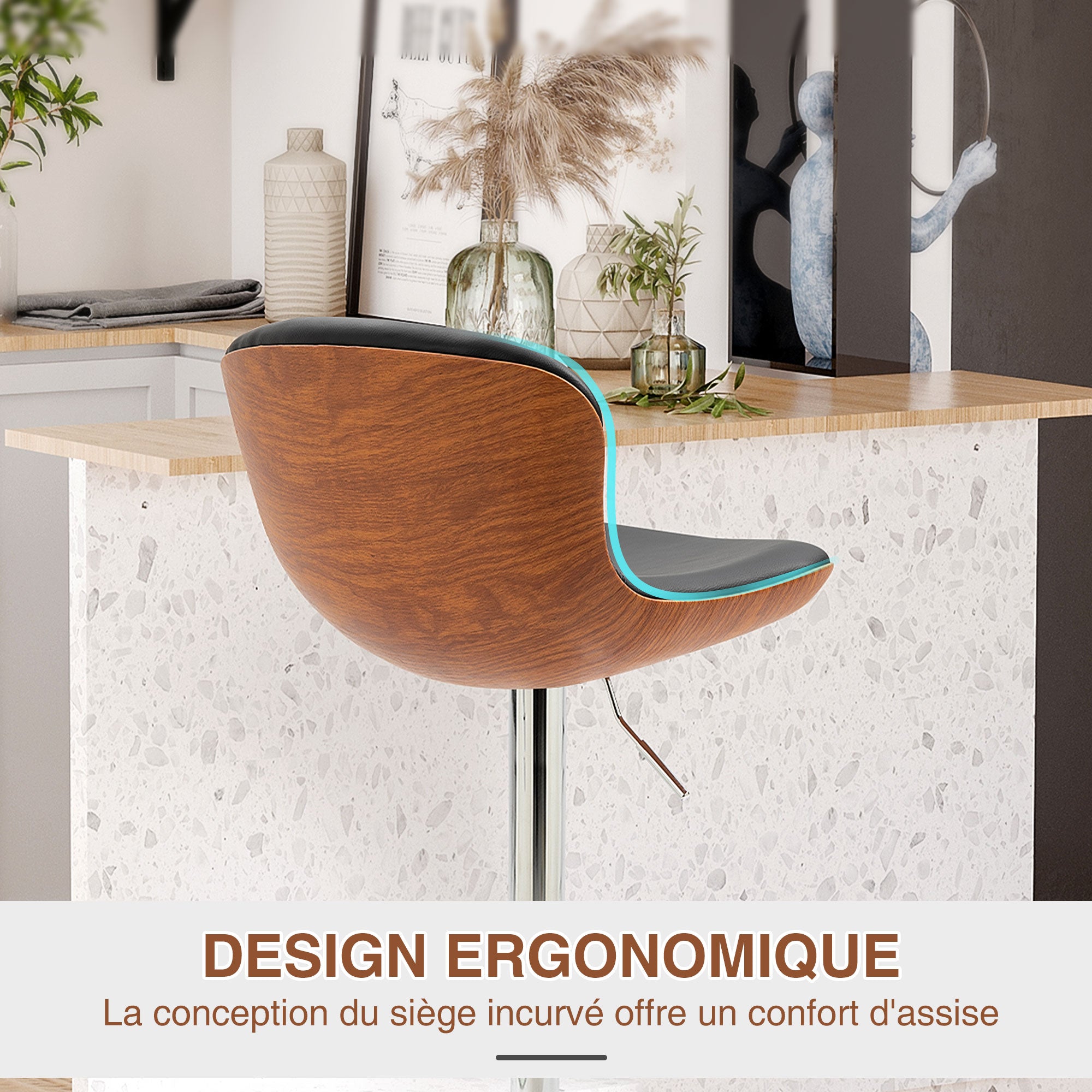 Set of 2 Contemporary Design Bar Stools Height Adjustable 64-85 cm Swivel 360° Synthetic Leather Black Imitation Wood