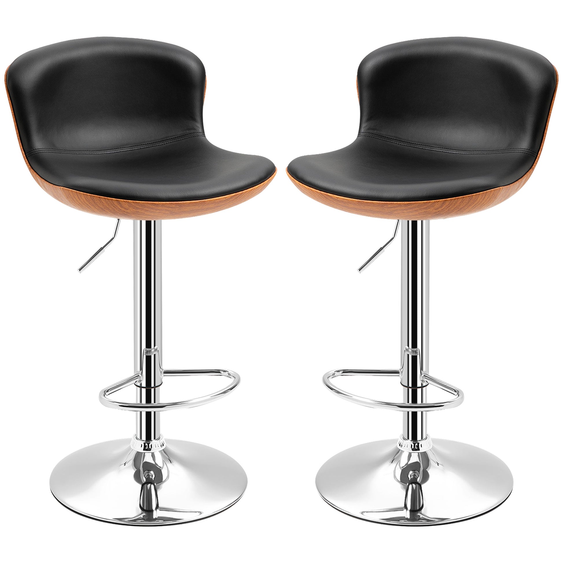 Set of 2 Contemporary Design Bar Stools Height Adjustable 64-85 cm Swivel 360° Synthetic Leather Black Imitation Wood
