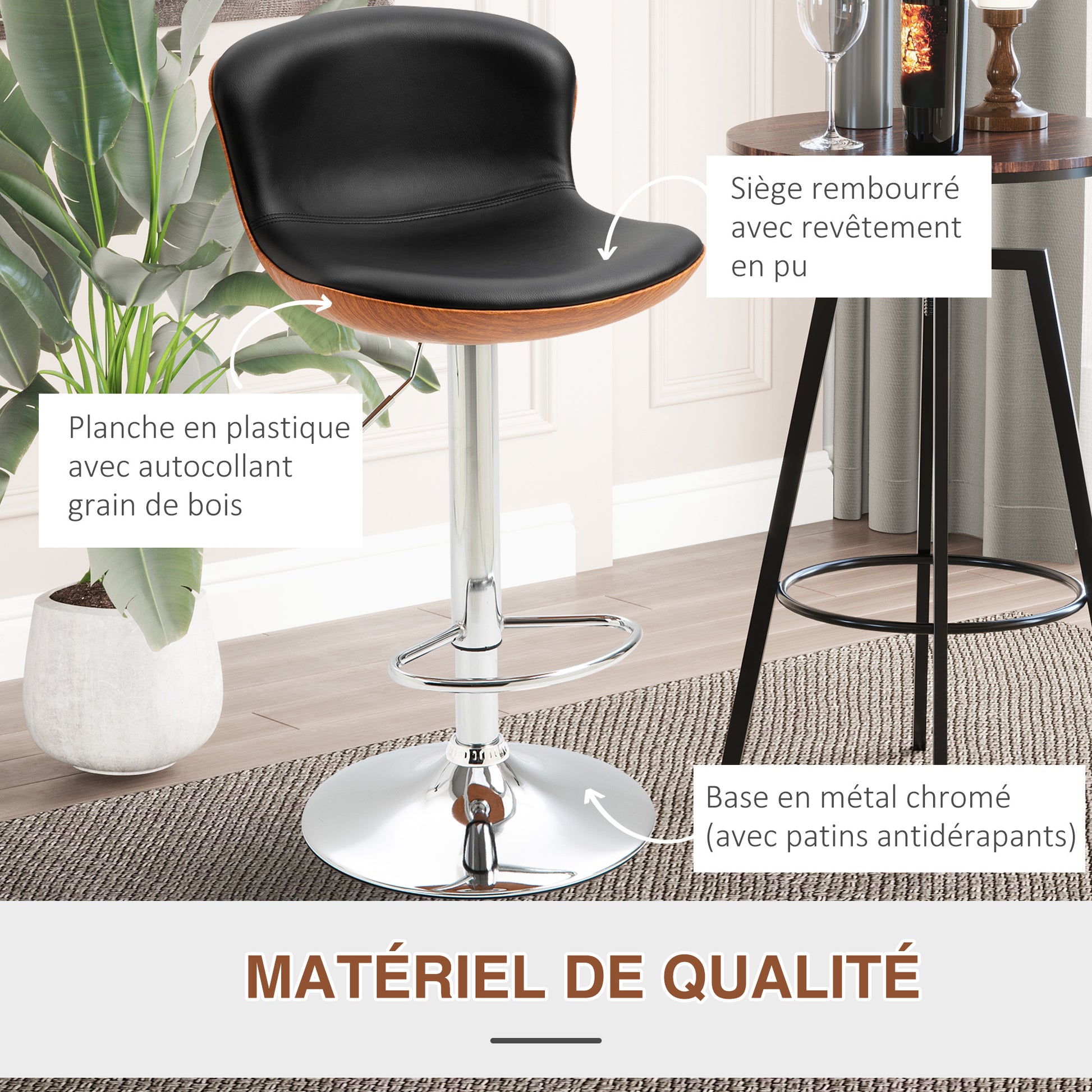 Set of 2 Contemporary Design Bar Stools Height Adjustable 64-85 cm Swivel 360° Synthetic Leather Black Imitation Wood