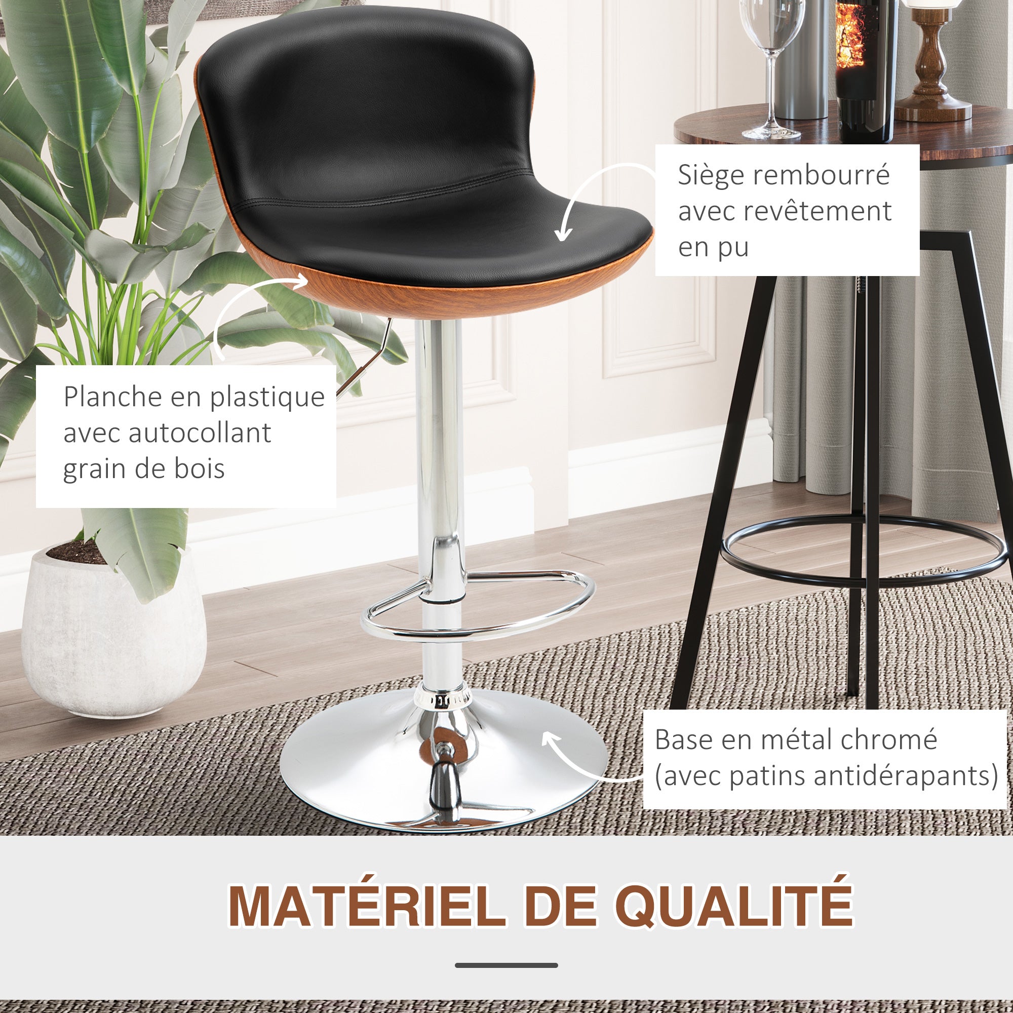 Set of 2 Contemporary Design Bar Stools Height Adjustable 64-85 cm Swivel 360° Synthetic Leather Black Imitation Wood