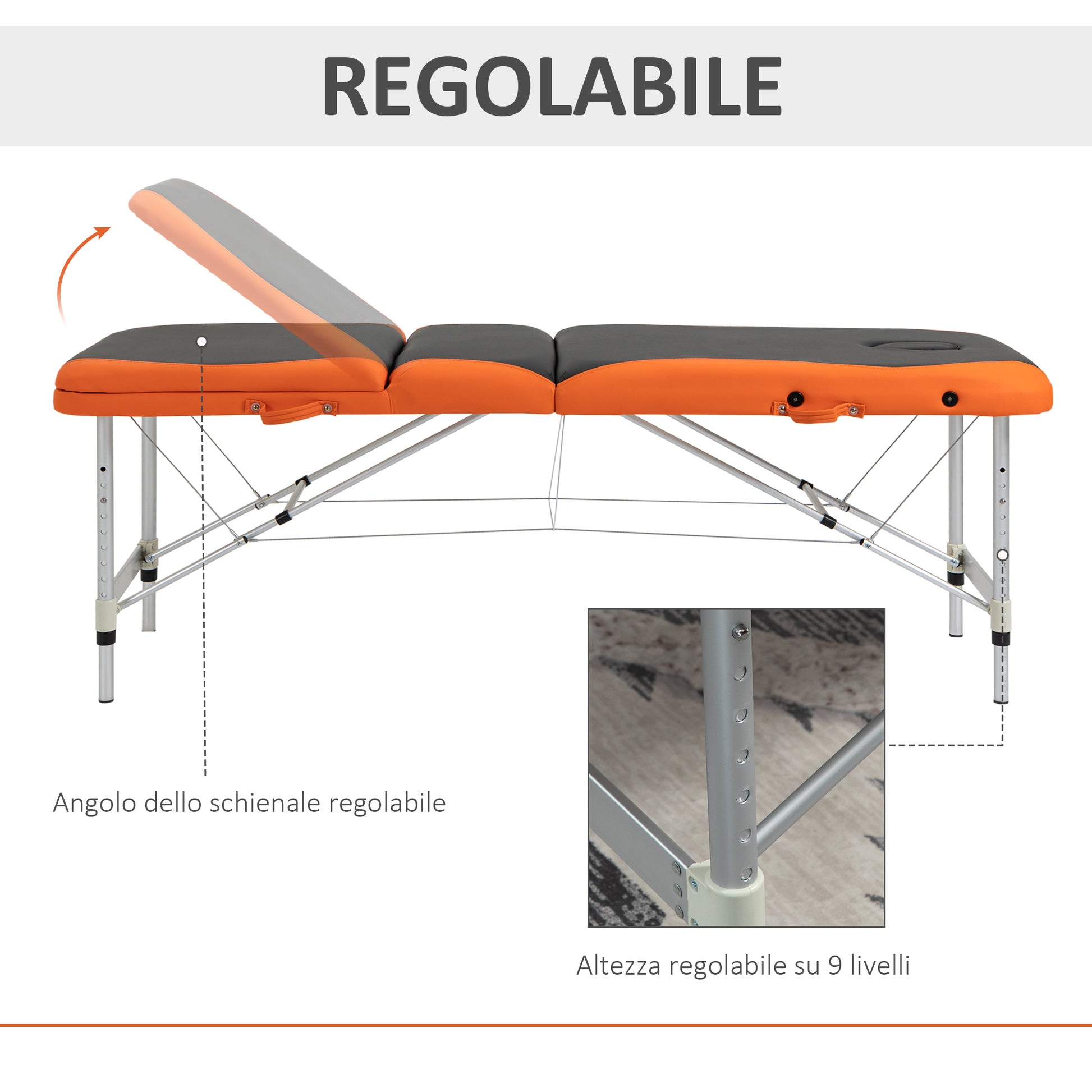 Foldable Massage Bed with Adjustable Height, Professional Massage Bed in Aluminum and Plastic, 215x81x61-84 cm, Black and Orange