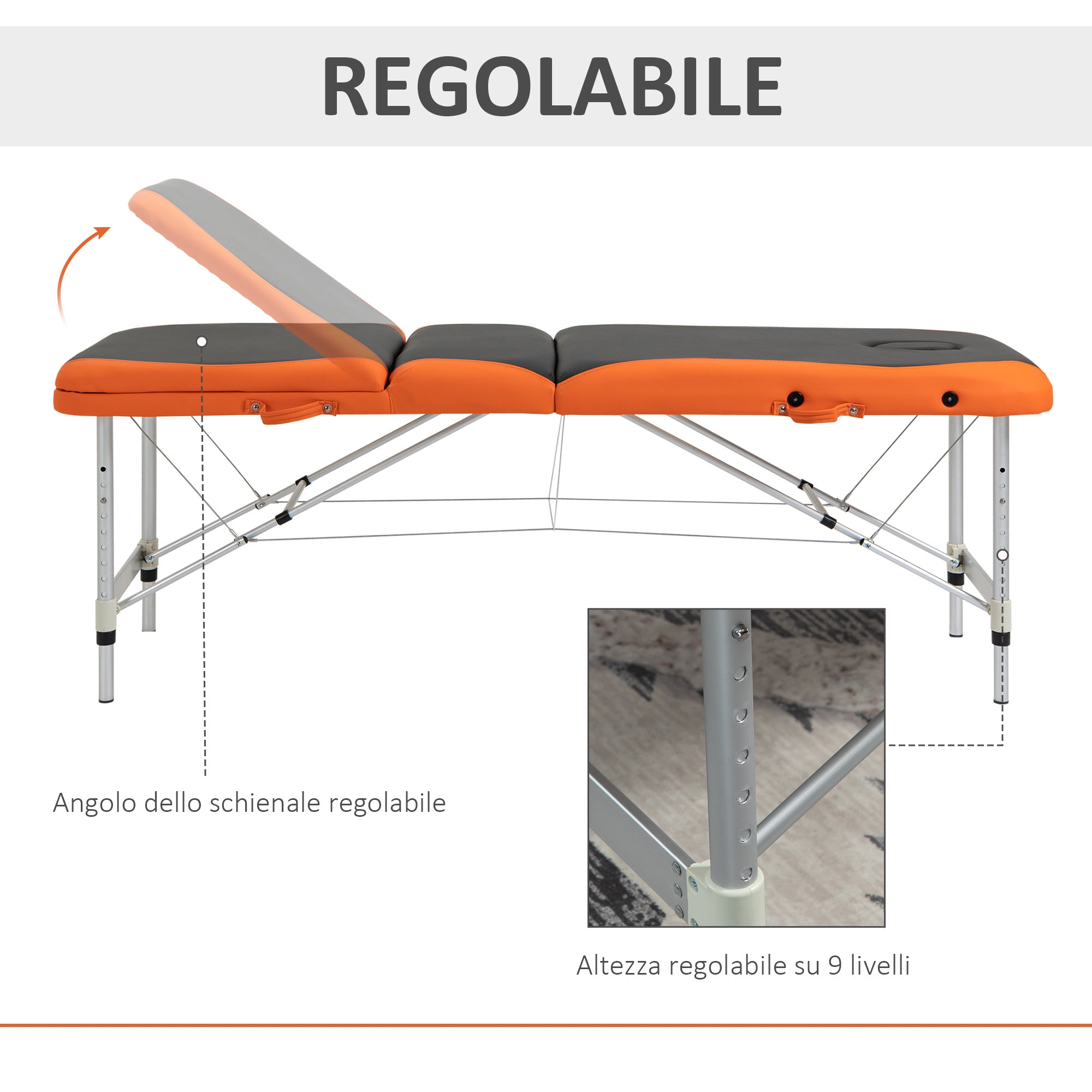 Foldable Massage Bed with Adjustable Height, Professional Massage Bed in Aluminum and Plastic, 215x81x61-84 cm, Black and Orange