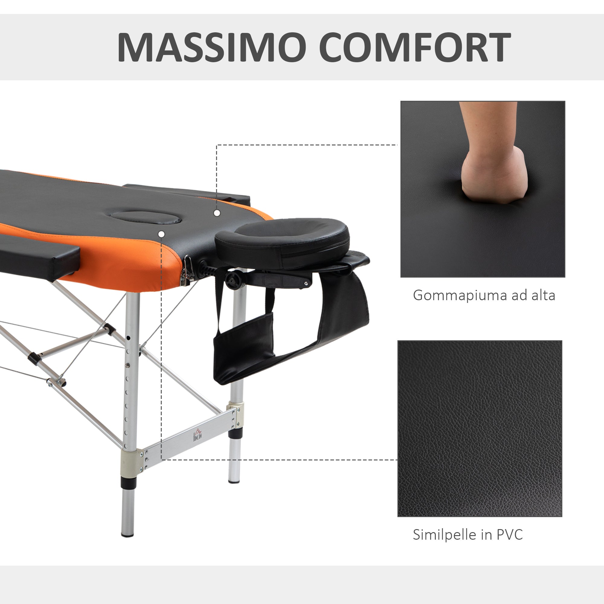 Foldable Massage Bed with Adjustable Height, Professional Massage Bed in Aluminum and Plastic, 215x81x61-84 cm, Black and Orange