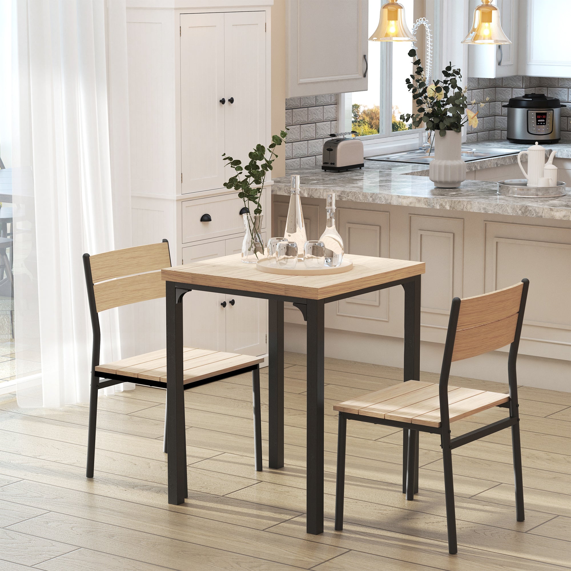 3-Piece Dining Set Dining Table with 2 Chairs Space-Saving Dining Room Set Seating Group for Dining Room, Kitchen Natural Wood Grain + Black