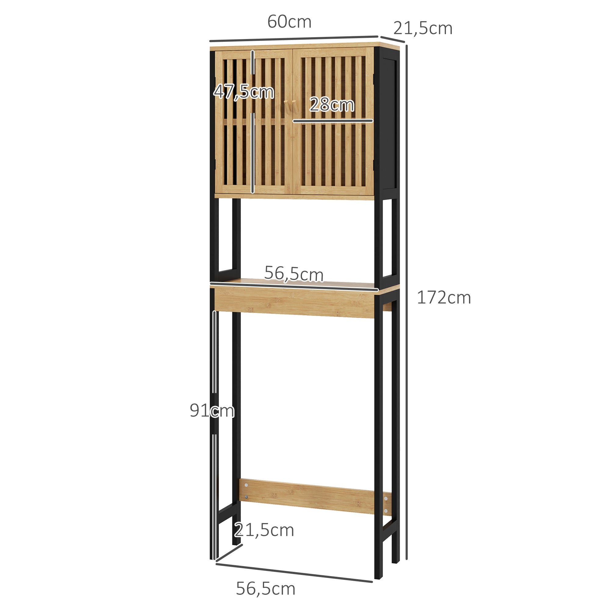 Over-the-Toilet Shelf Bathroom Cabinet with 2 Doors Cupboard and Open Shelf 60L x 21.5W x 172H cm Bamboo - Natural Wood and Black