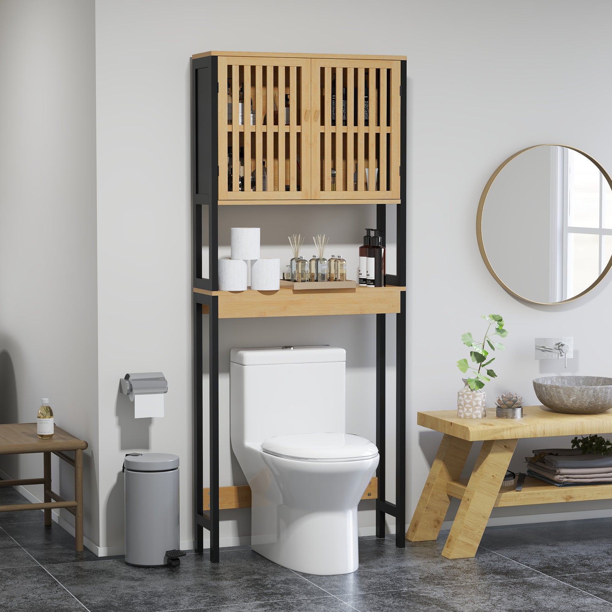 Over-the-Toilet Shelf Bathroom Cabinet with 2 Doors Cupboard and Open Shelf 60L x 21.5W x 172H cm Bamboo - Natural Wood and Black