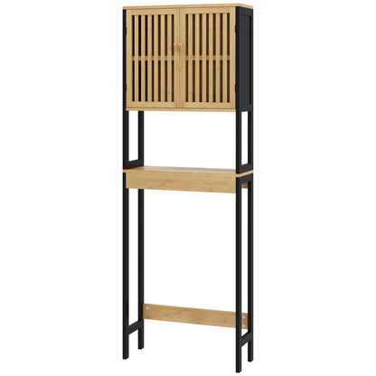 Over-the-Toilet Shelf Bathroom Cabinet with 2 Doors Cupboard and Open Shelf 60L x 21.5W x 172H cm Bamboo - Natural Wood and Black