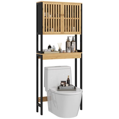 Over-the-Toilet Shelf Bathroom Cabinet with 2 Doors Cupboard and Open Shelf 60L x 21.5W x 172H cm Bamboo - Natural Wood and Black