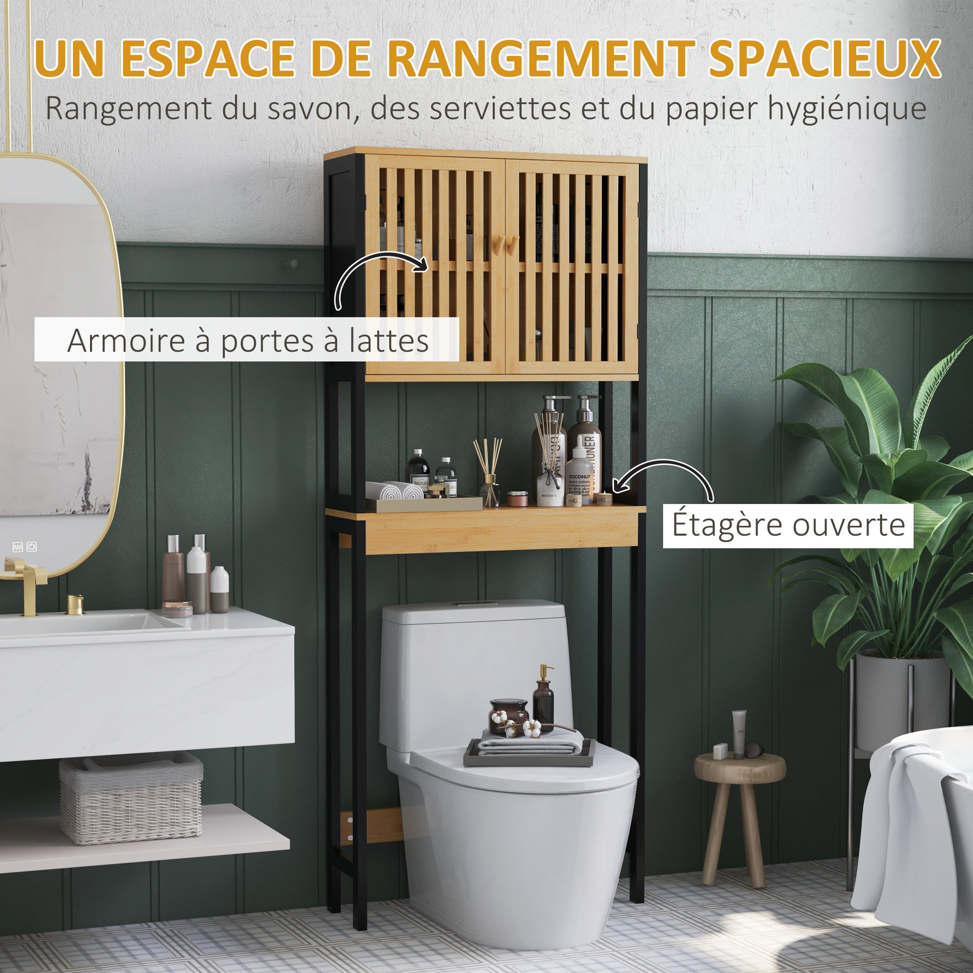Over-the-Toilet Shelf Bathroom Cabinet with 2 Doors Cupboard and Open Shelf 60L x 21.5W x 172H cm Bamboo - Natural Wood and Black
